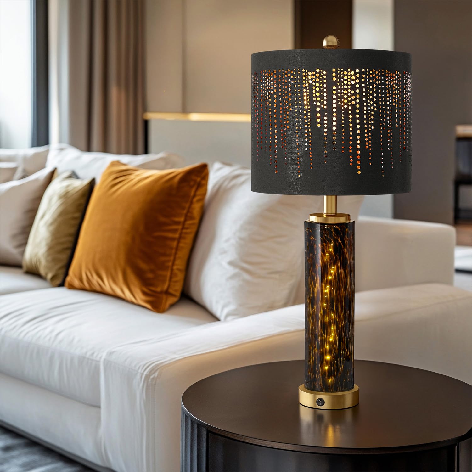 Oneach Modern Table Lamps Set of 2, 27.75" Gold Leopard Glass, USB A+C, Black Crystal Shade, Model AMZ-T1223GL-U