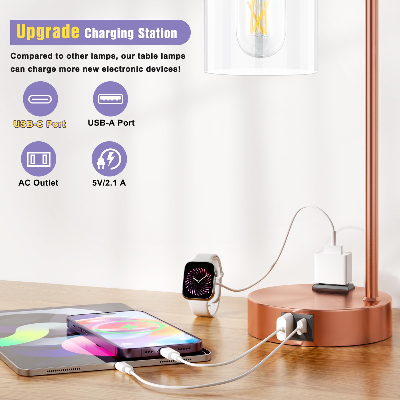 Innqoo Industrial Touch Table Lamps For Bedrooms Set Of 2-3-Way Dimmable Lamps With Usb C+A Ports And Outlet, Copper Bedside Lam