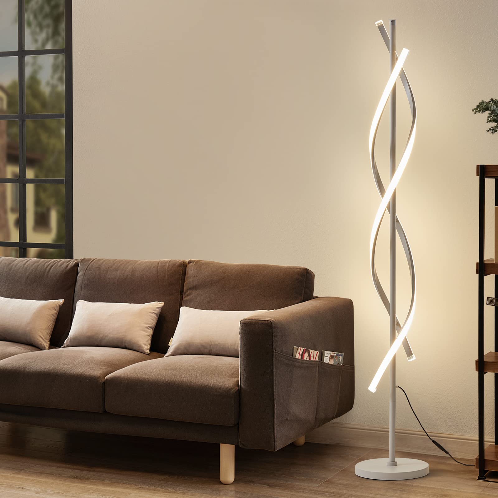 JTfany Modern Spiral Floor Lamp with Remote Control - 60 Inch Dimmable White Lamp, 48W, Timer, 3 Color Temperatures for Living R