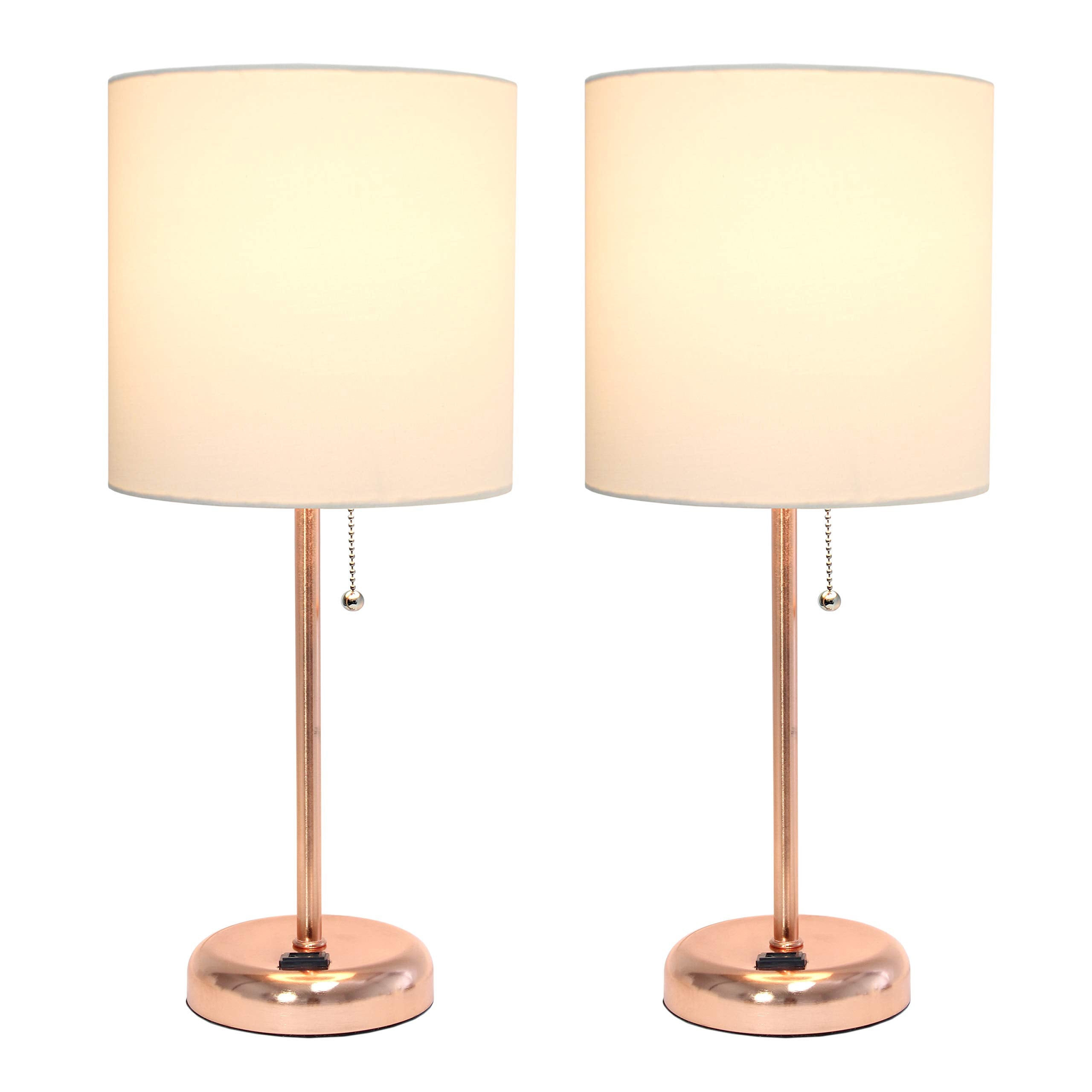 Simple Designs Lc2001-Rgd-2Pk Rose Gold Stick Table Lamp Set With Charging Outlet And White Fabric Shades, 2 Pack Set