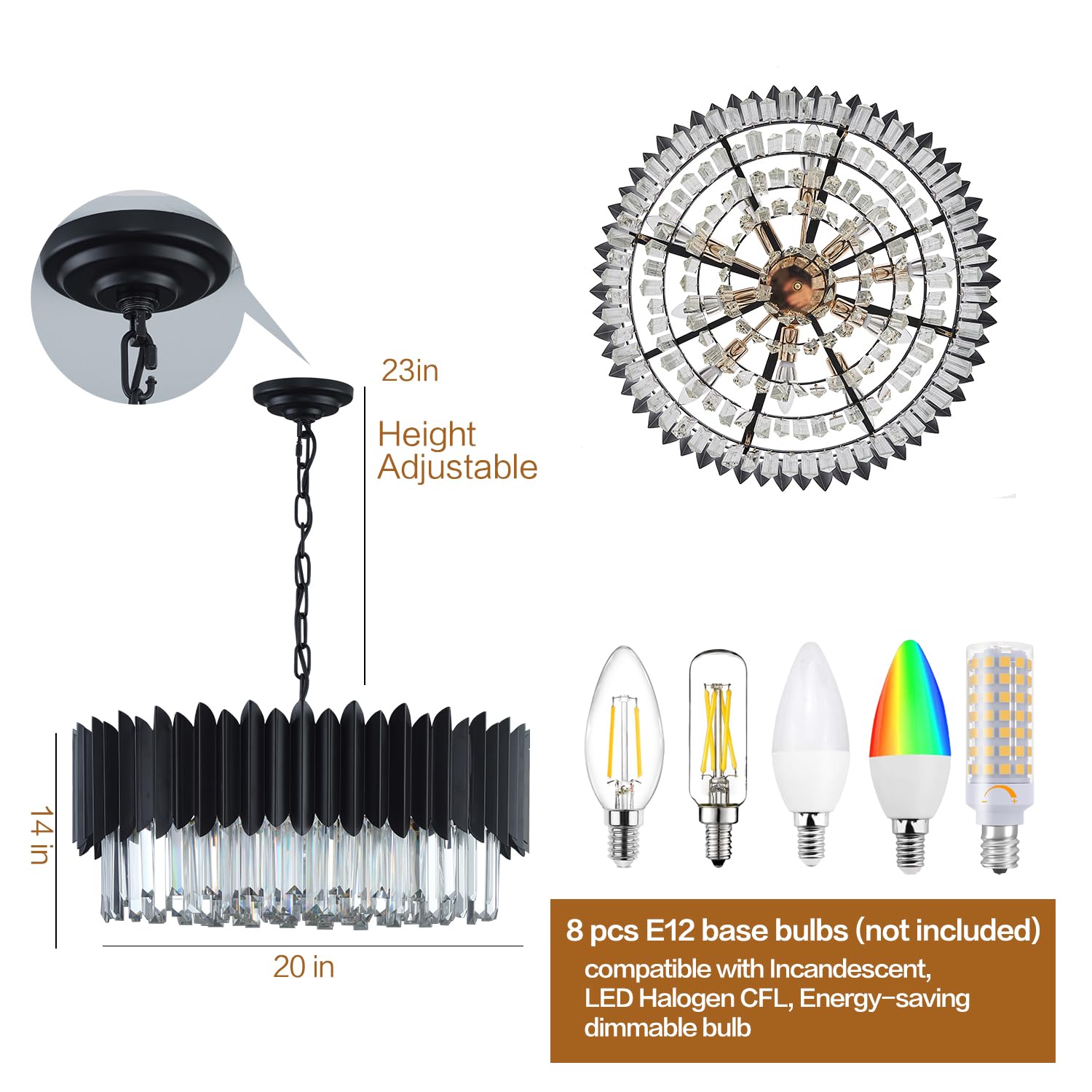 YOLIZUOT Black Crystal Chandelier 24" K9 Pendant Light, 5-Tier Modern Design for Dining Room, Living Room, Kitchen, Foyer