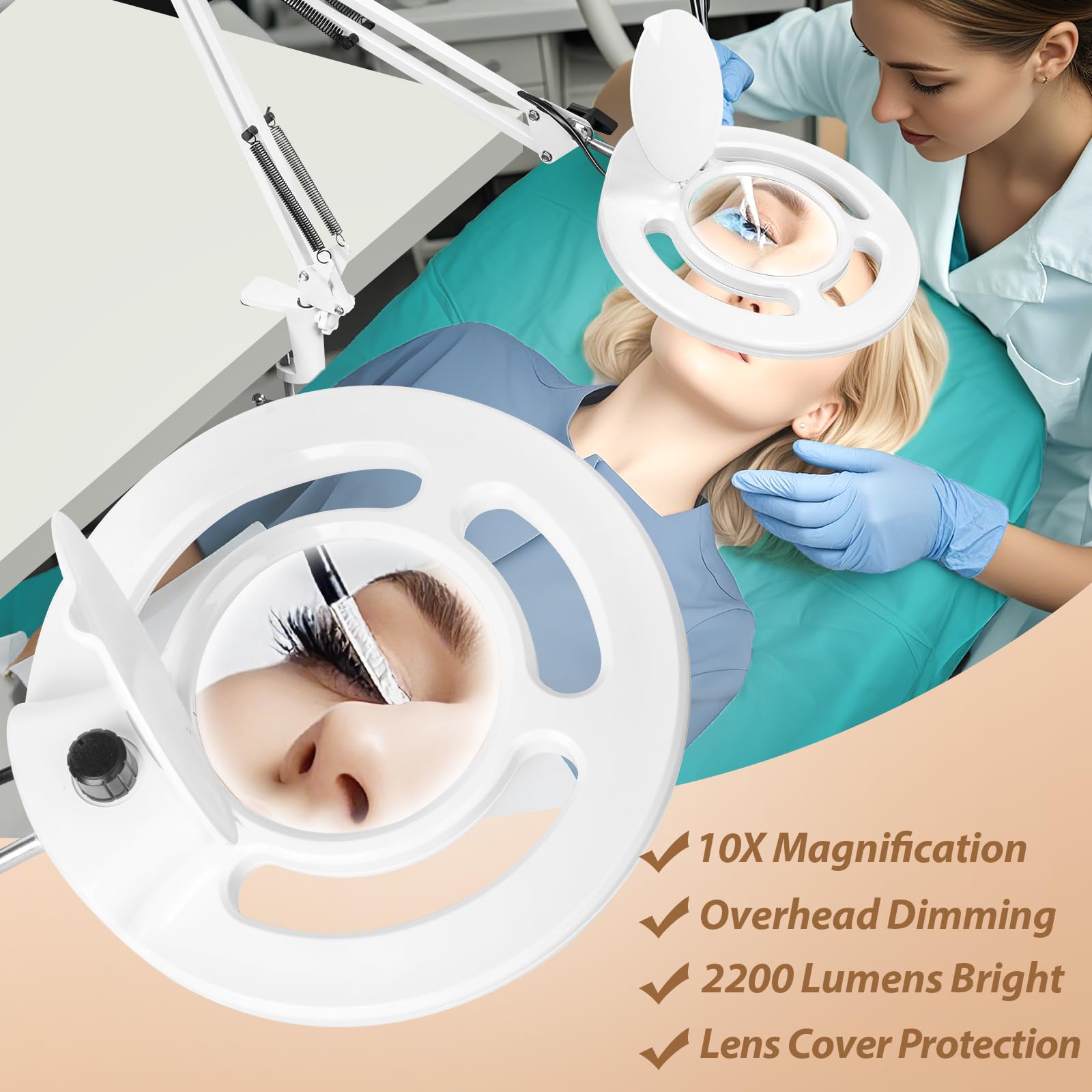 HITTI 10X Magnifier LED Lighted Mag Lamp, 2200 Lumens, Dimmable, Rolling Base, White, Model TLD-5 for Lash, Facials, Tattoo