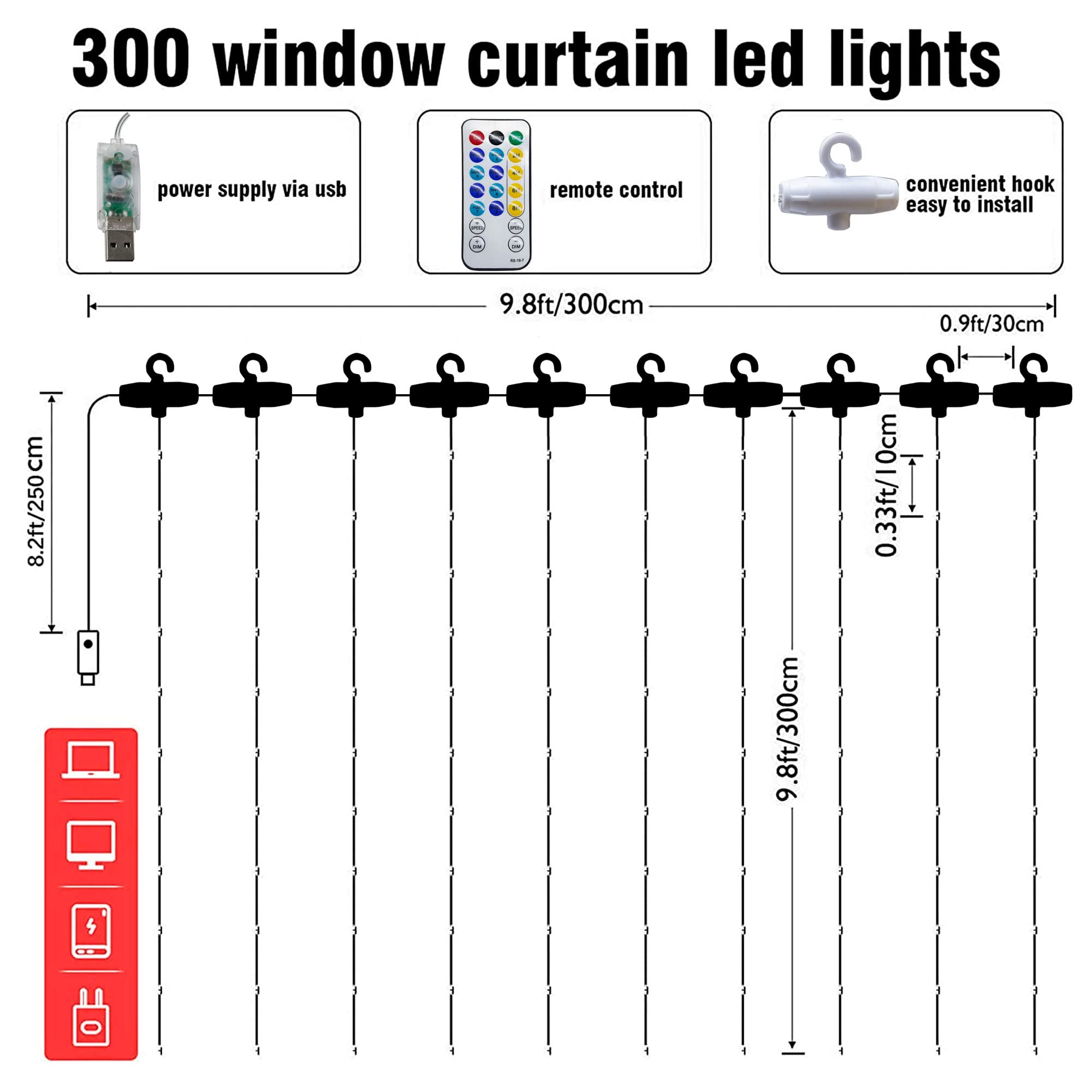 Dazzle Bright 300 LED Curtain String Lights, 9.8ft x 9.8ft, Warm White, Waterproof, 8 Lighting Modes for Home, Party, Wedding Decor