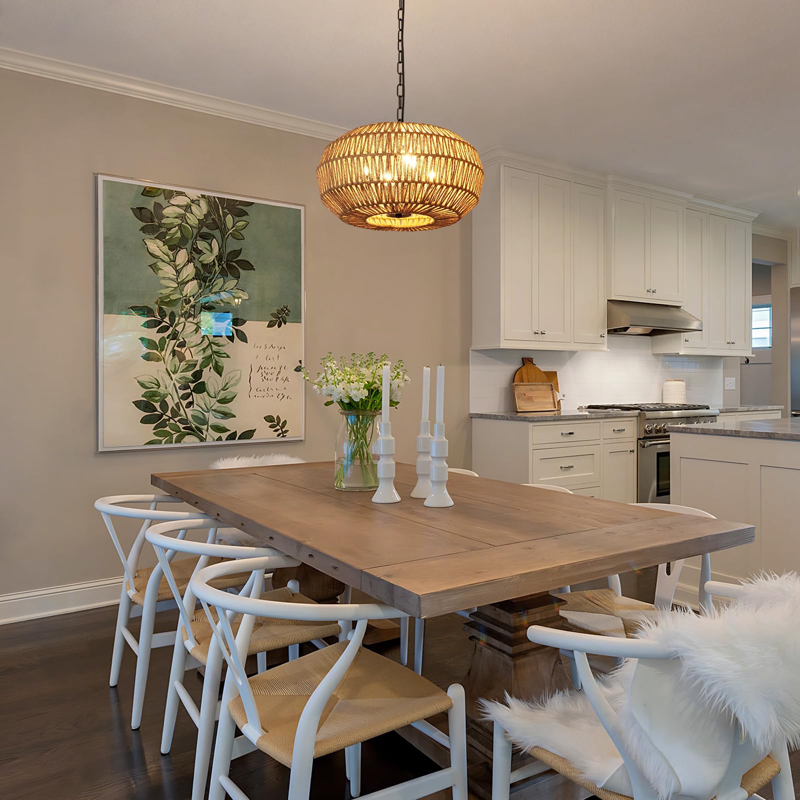 Foucasal 4-Light Boho Rattan Pendant Light - Large Hand Woven Chandelier For Dining Room, Brown