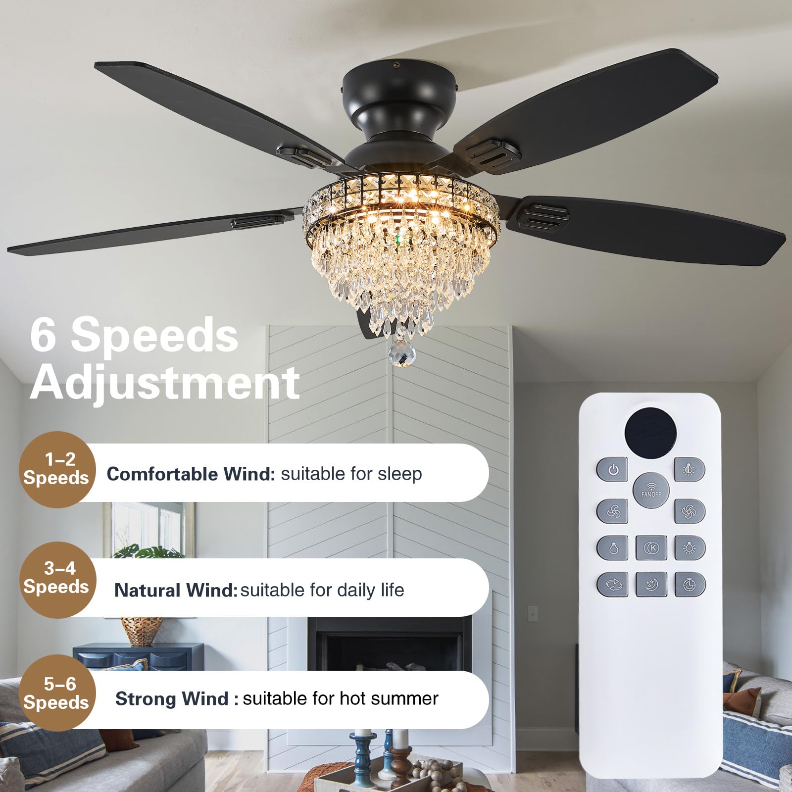 Fanyank Crystal Ceiling Fan Fandelier with Lights, 50" Black, Low Profile, Remote Control, Dimmable, Reversible, Noiseless