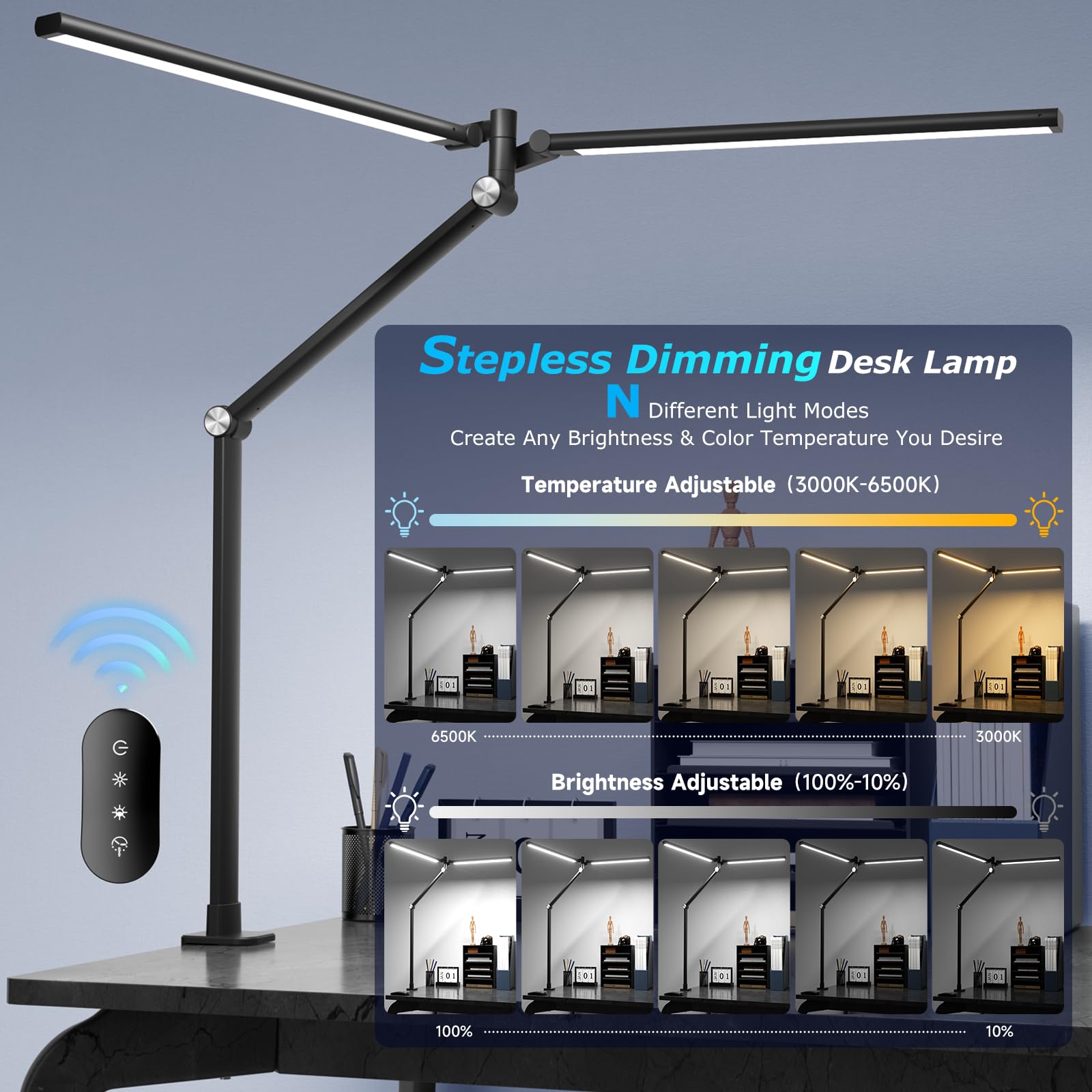 Jelimov Led Desk Lamp For Home Office, Eye Caring Architect Desk Light With Remote, Dual Screen Computer Monitor Light With Step