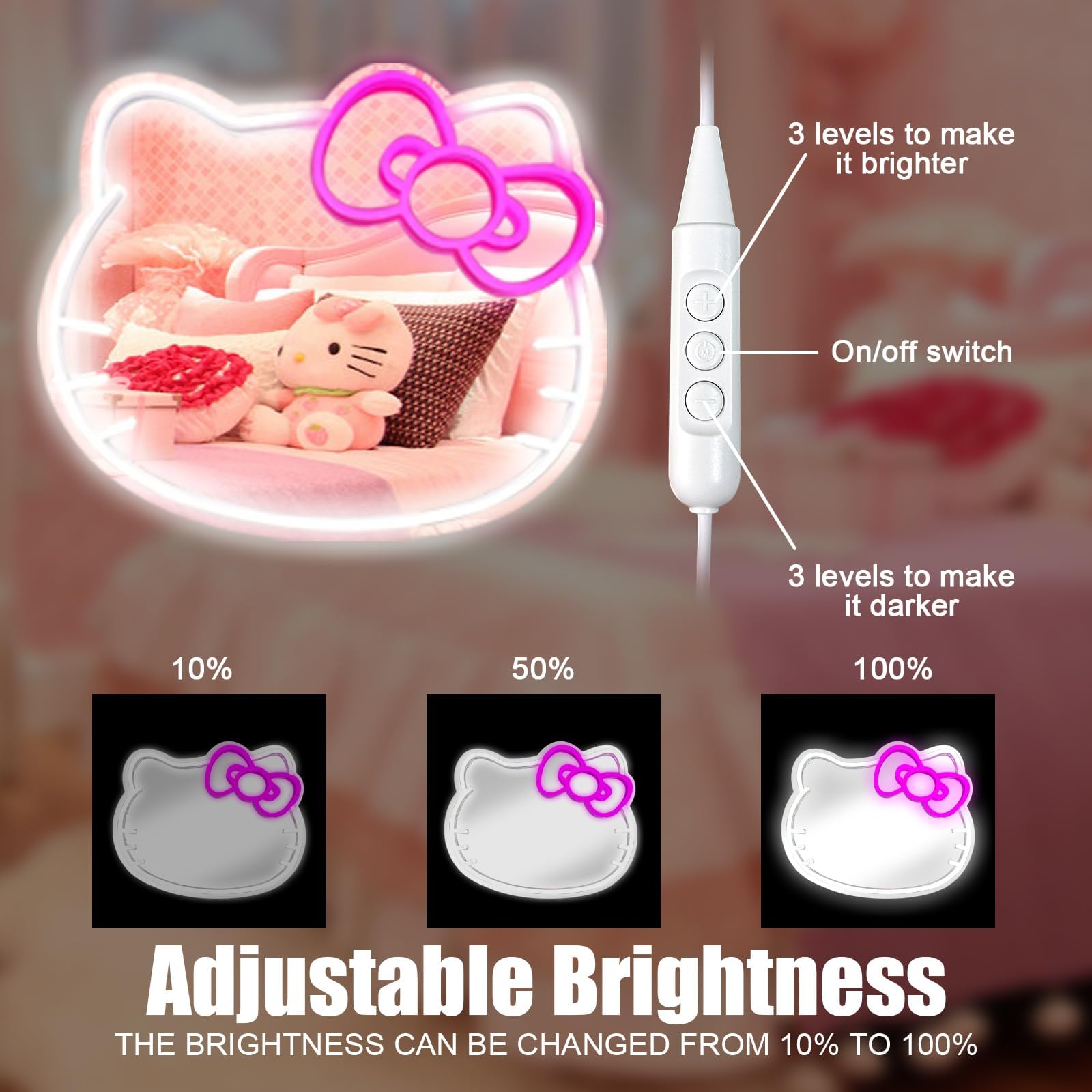 Anime Hello Kit Mirror with light Neon signs for Wall Decor, Neon Mirror with Dimmable for teen girl gift,makeup Mirror neon sig