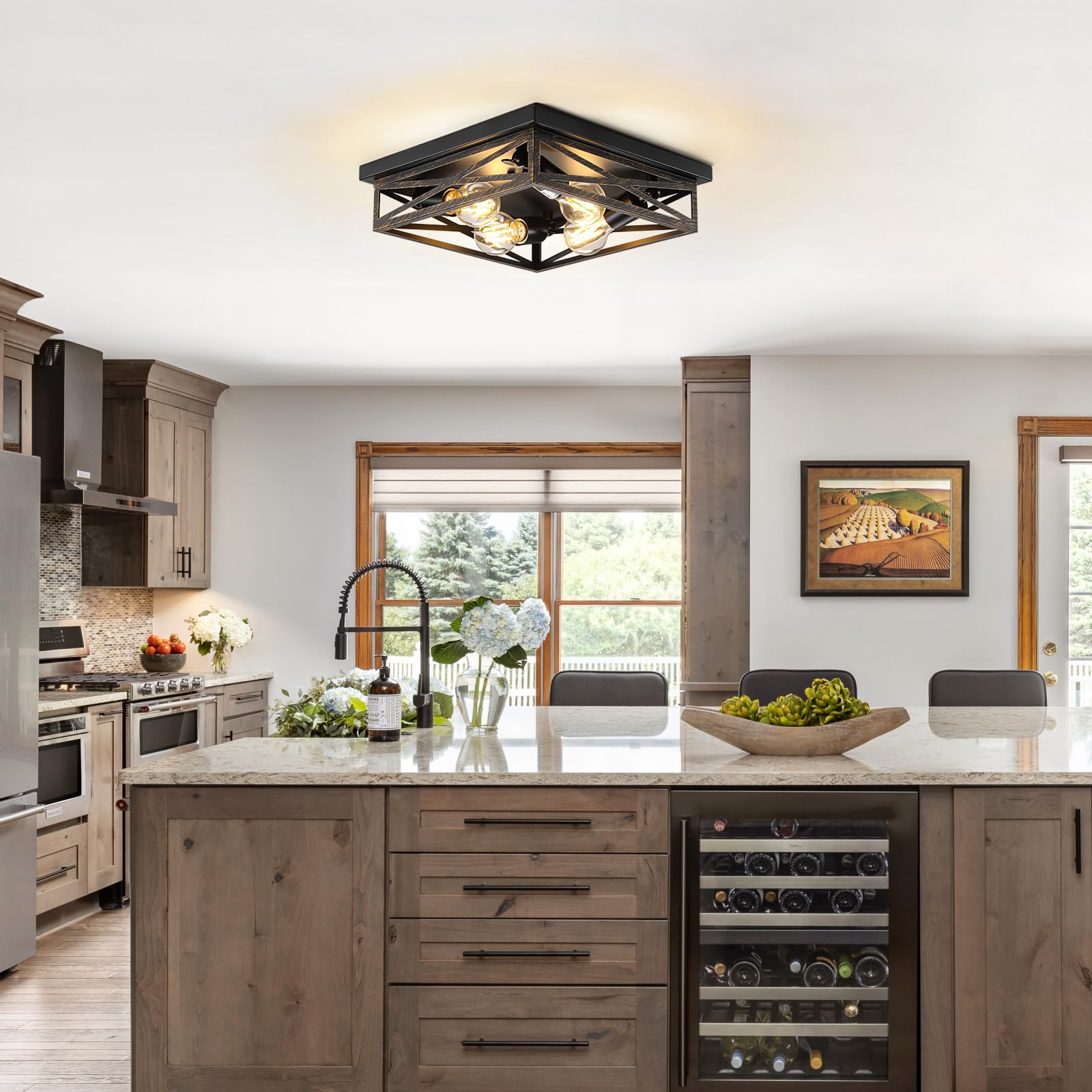 Dikaida 2 Pack Rustic 4-Light Kitchen, Hallway Flush Mount Light Fixtures, Industrial Metal Cage Ceiling Light For Farmhouse, Ki