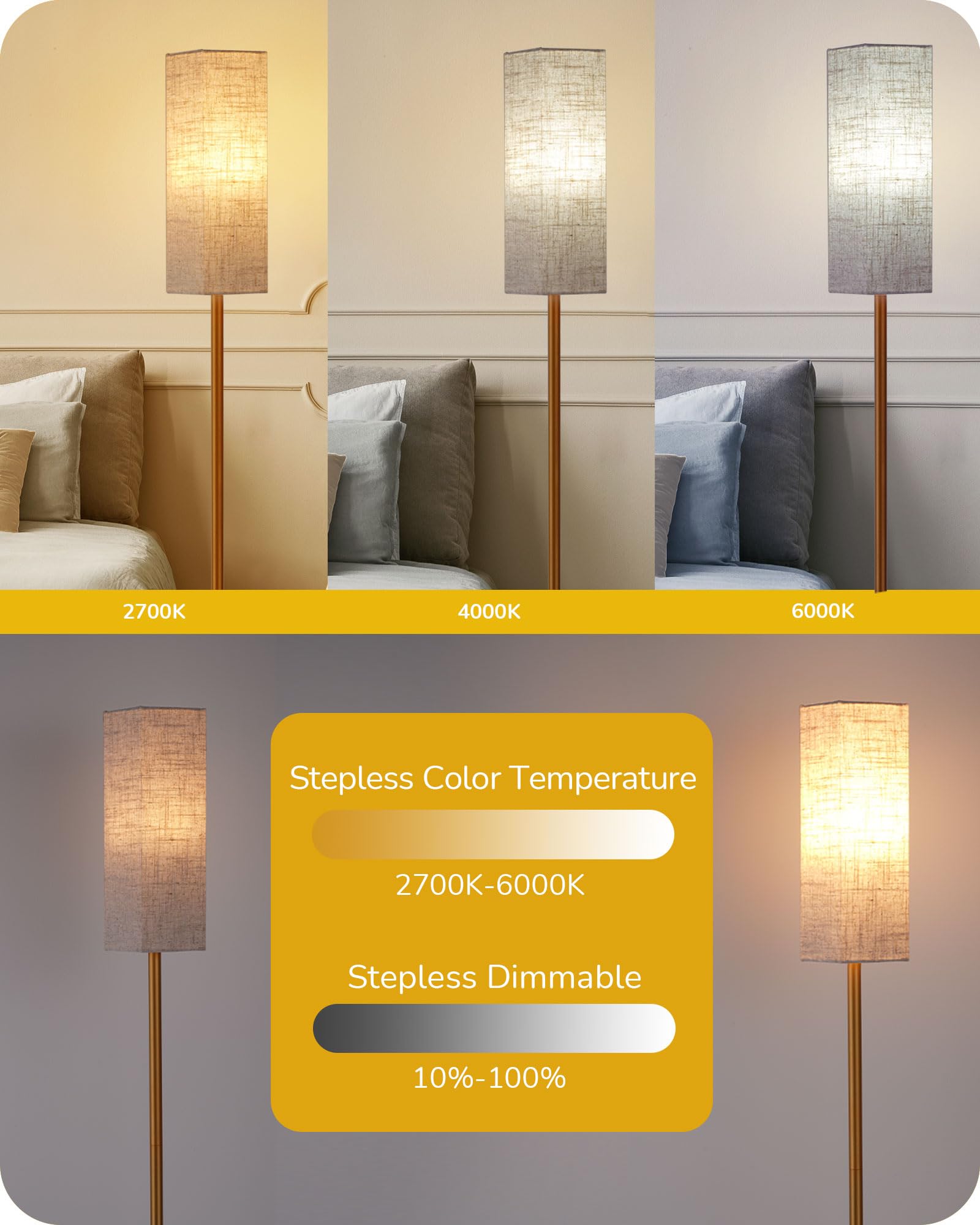 EDISHINE Modern Corner Floor Lamp, 65in Tall, Stepless Dimmable, Gold, Model HFLCB1A, Includes 9W LED Bulb
