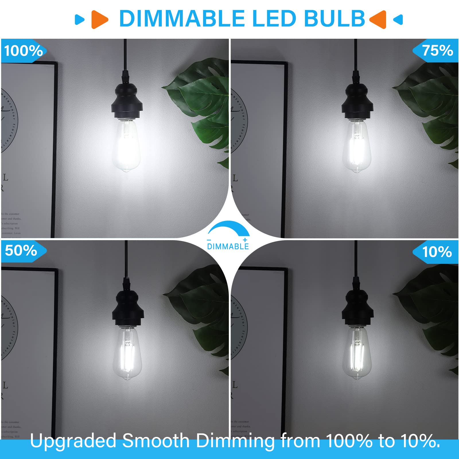 Maxvolador 10-Pack Vintage Led Edison Bulb Dimmable 60W Equivalent 850 Lumens, 6W Edison Light Bulbs 5000K, Antique St58 Led Filament Bulb E26 Base