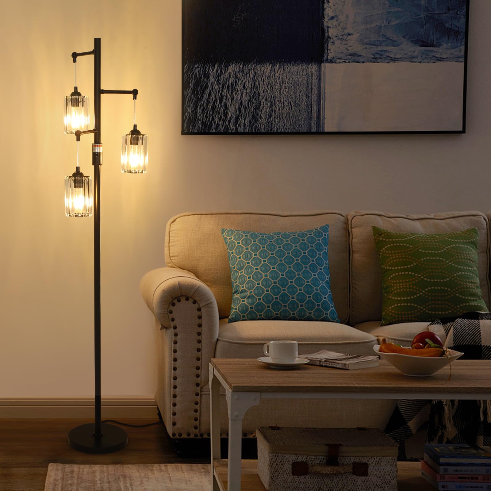 Stepeak Black Crystal Floor Lamp, 3-Light Dimmable Industrial Tree Design, 65" Tall for Living Room & Office, Model 250305C1