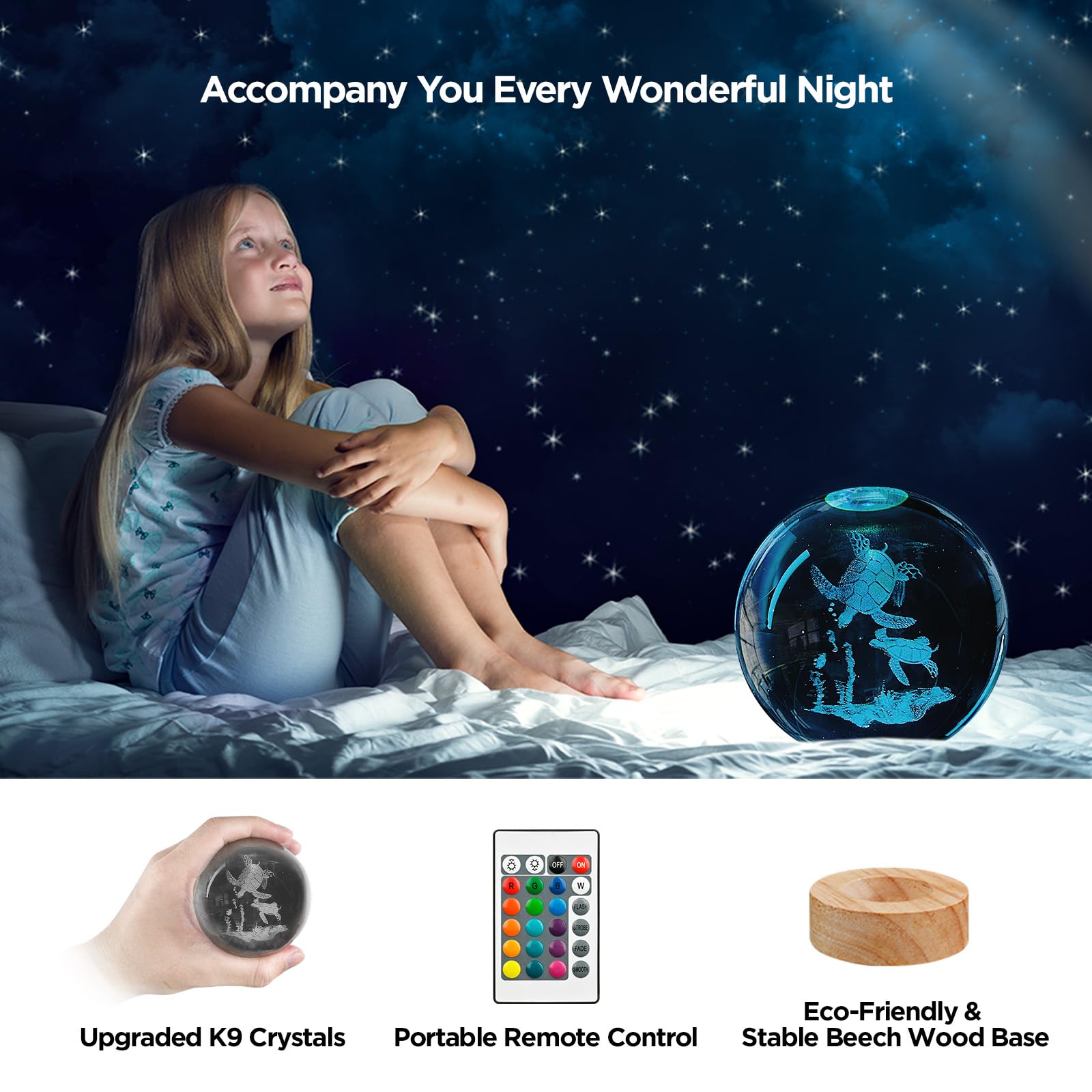 3D Sea Turtle Crystal Ball Night Light With Woodern Base, 3.15 Sea Turtle Glass Ball Lamp 16 Colors With Remote Control Sea Turt