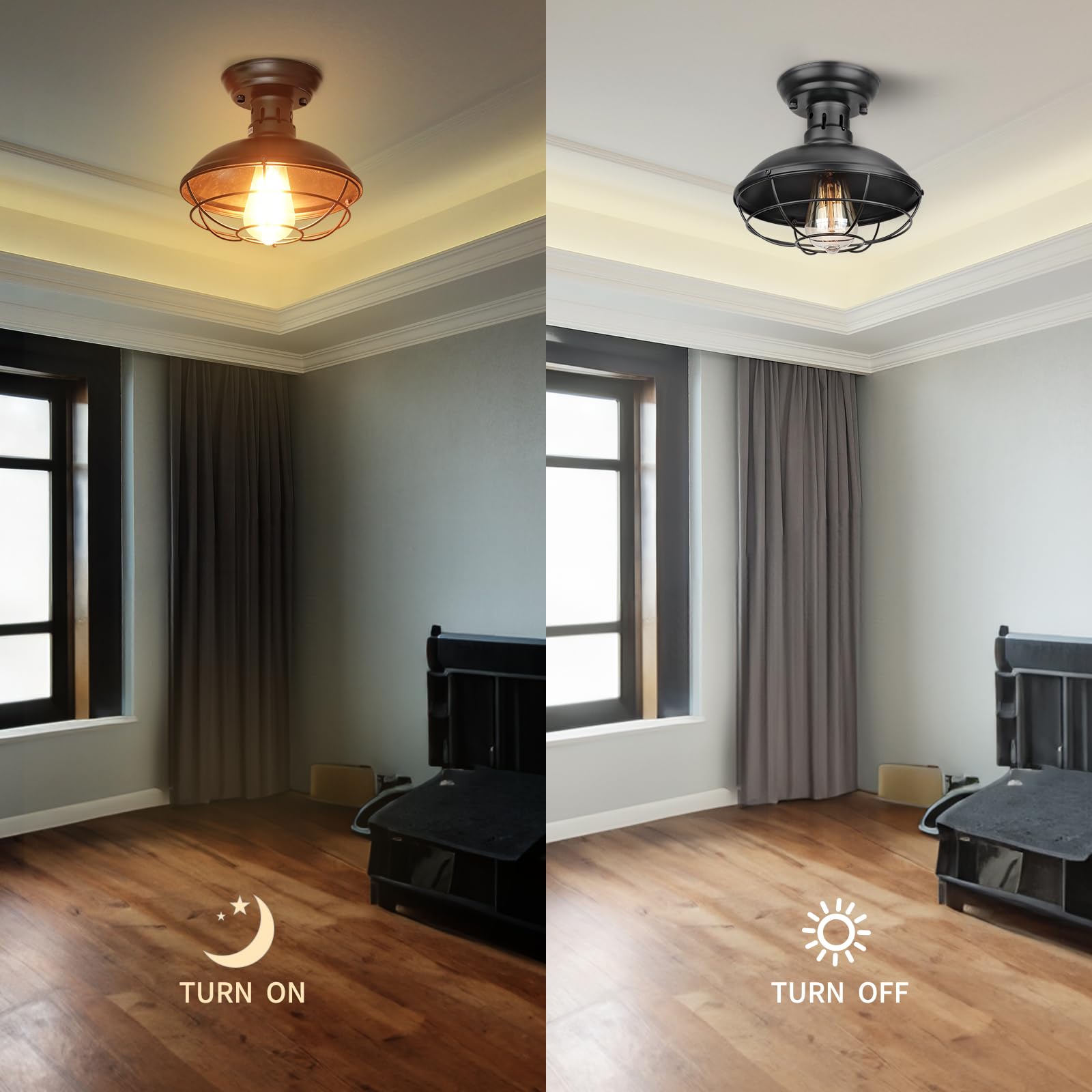 FRIDEKO HOME 2 Pack Flush Mount Ceiling Light Rustic Black Metal Cage E26 Base Model L01124-01-22CM-US-2PCS