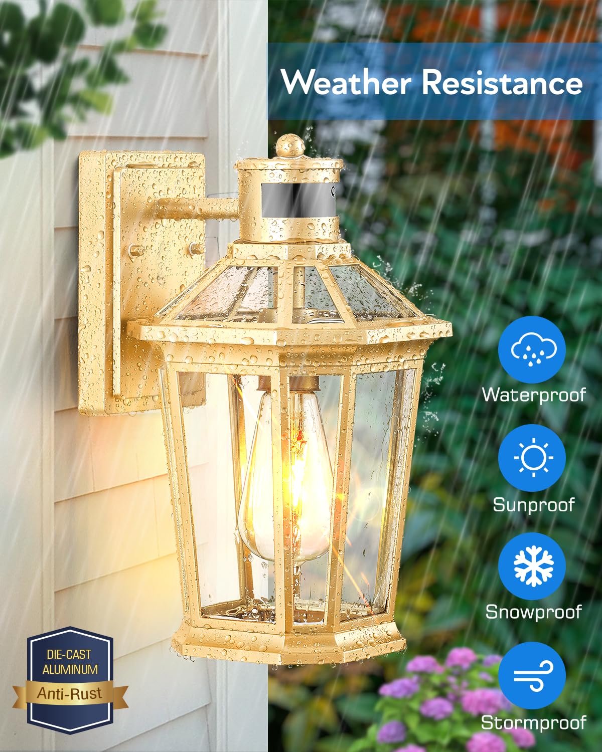 VIANIS Outdoor Wall Lights Lantern, Gold Motion Sensor Dusk to Dawn, 2-Pack Waterproof Garage Lights, Model V81092GD