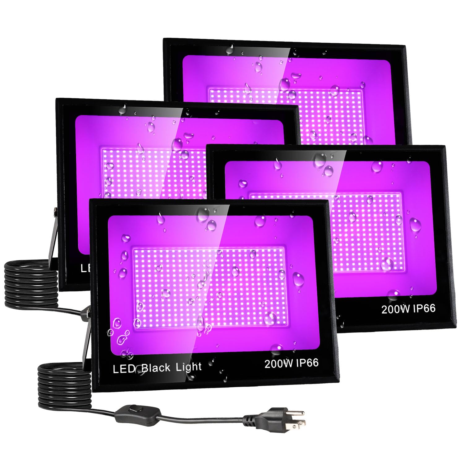 YAYIT 200W Blacklight Flood Light - IP66 Waterproof, Aluminum, 10ft Cord, 4 Pack, Perfect for Parties, Halloween, Stage, Gym