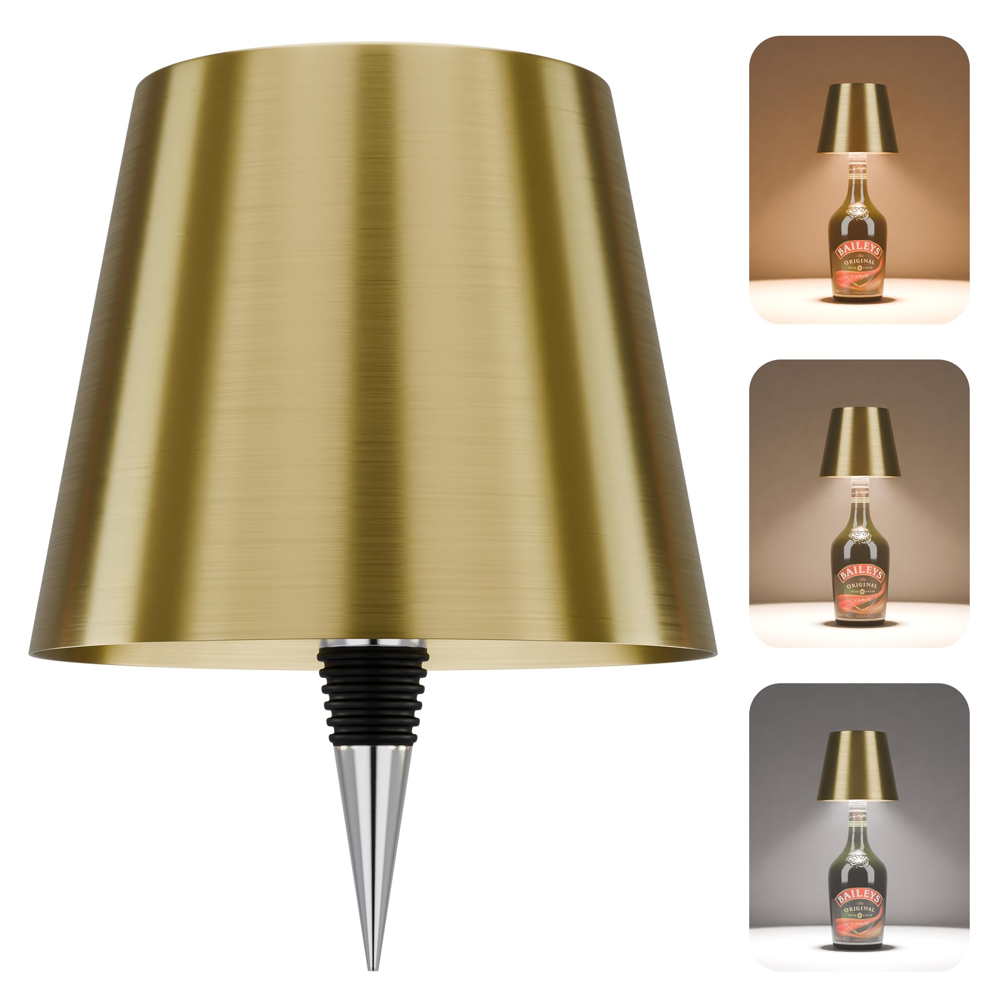 ULAROOM Wireless LED Bottle Lamp, Rechargeable USB-C, 3 Color Dimmable, Small Bedside Desk Lamp, Gold