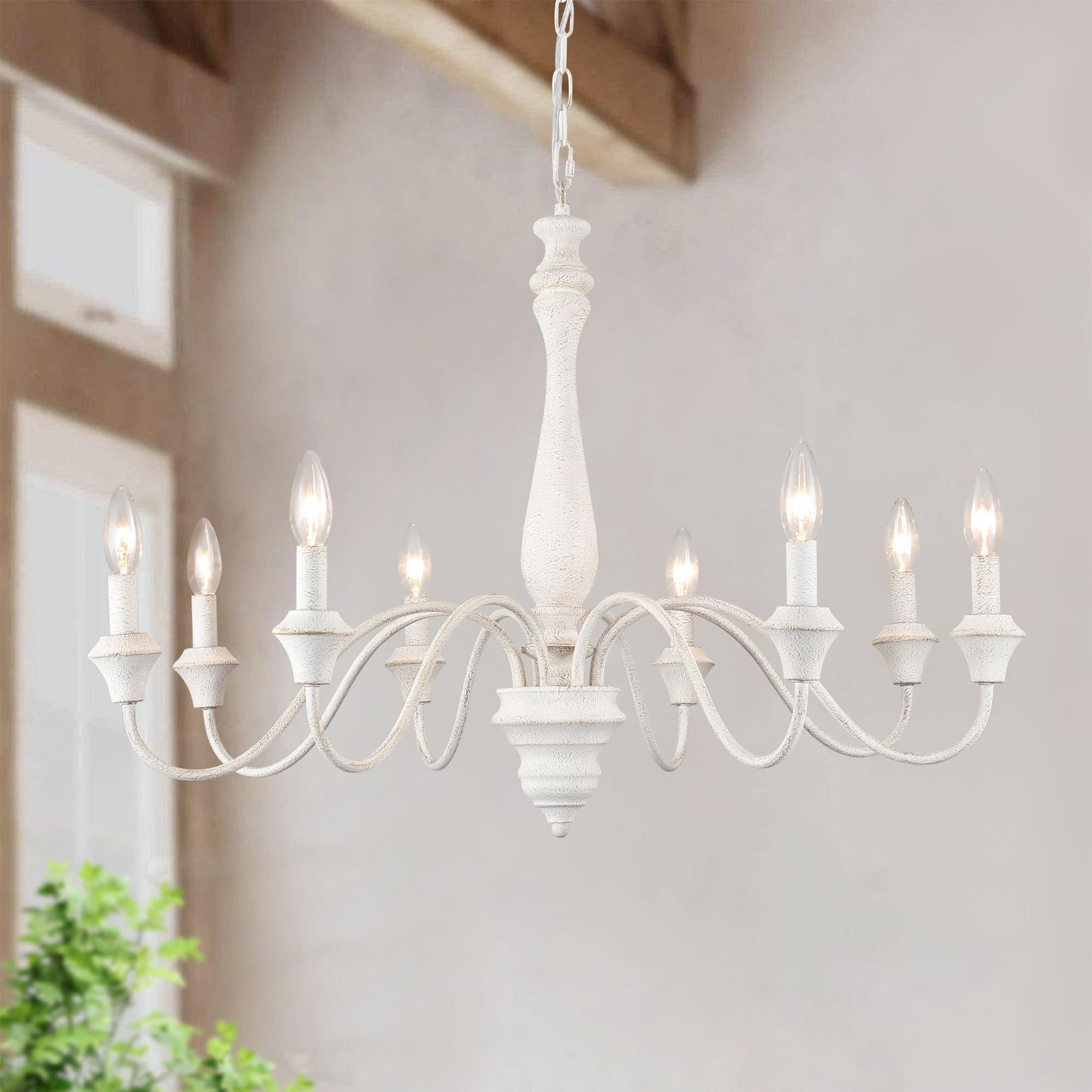 White Farmhouse Chandelier 8 Lights 31.5  Large Distressed Wood French Country Chandelier for Dining Room Chandelier Candle Pendant Light Fixtures Ceiling for Kitchen Living Room Bedroom Foyer