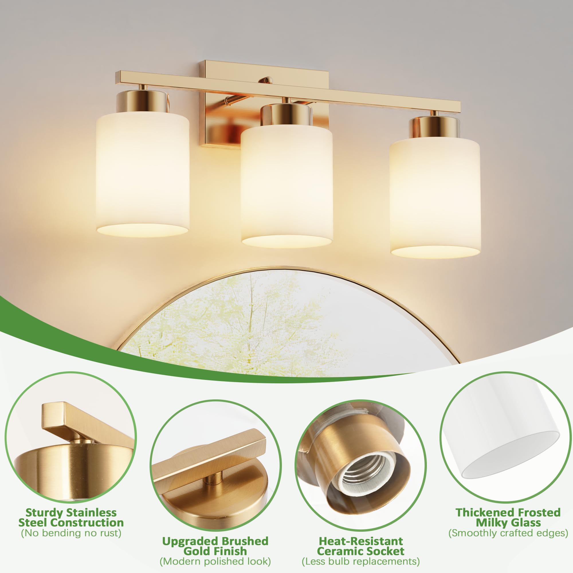 Partphoner 3-Light Brushed Gold Bathroom Light Fixtures  Modern Vanity Light Over Mirror Lighting  Wall Sconce With Frosted Milky White Glass Shades For Bedroom Living Room Kitchen Hallway