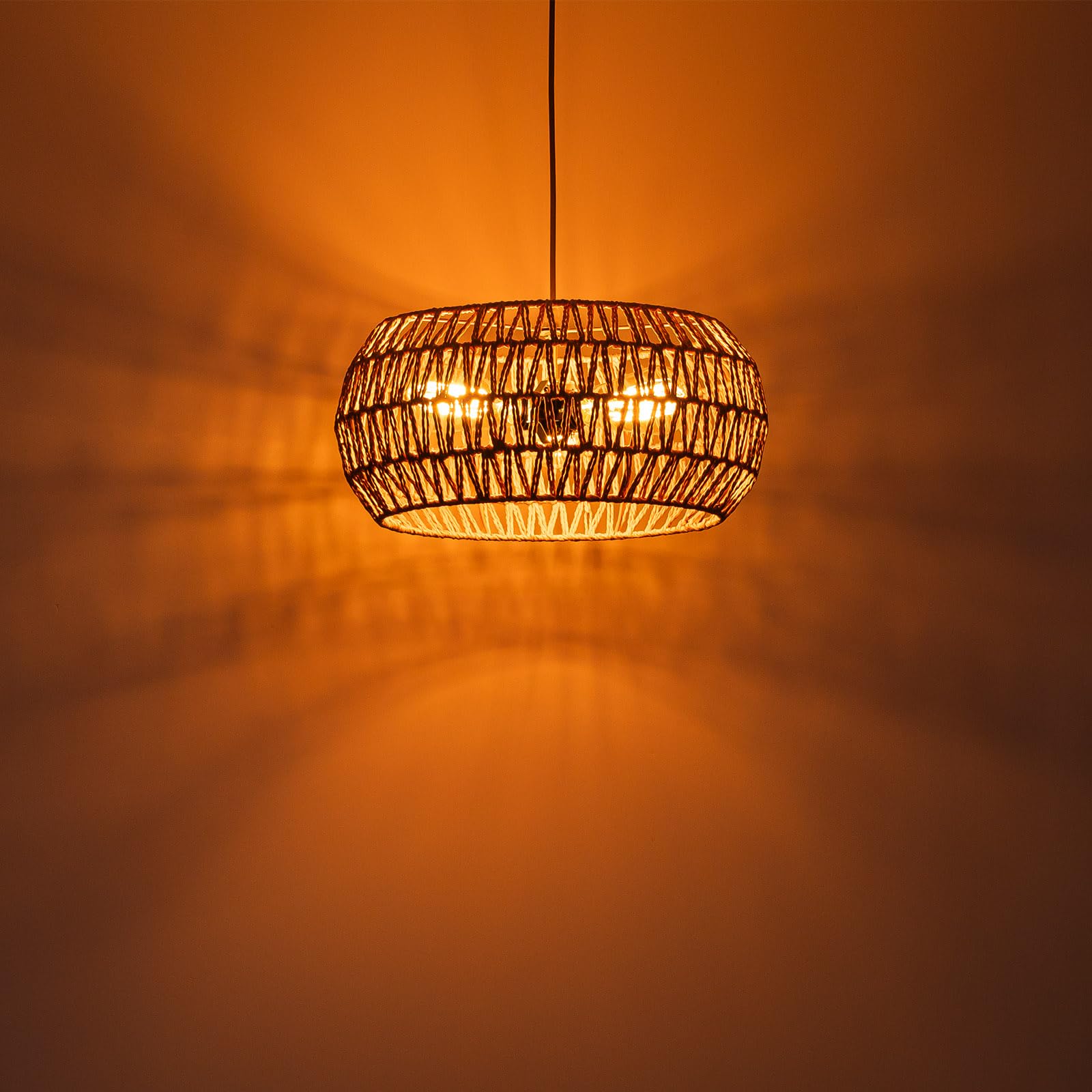 Rattan Light Fixture Dinning Room Pendant Light Boho Chandelier Hanging Light Ceiling Mount Hand Woven Lamp Shade 3-Light Drum C