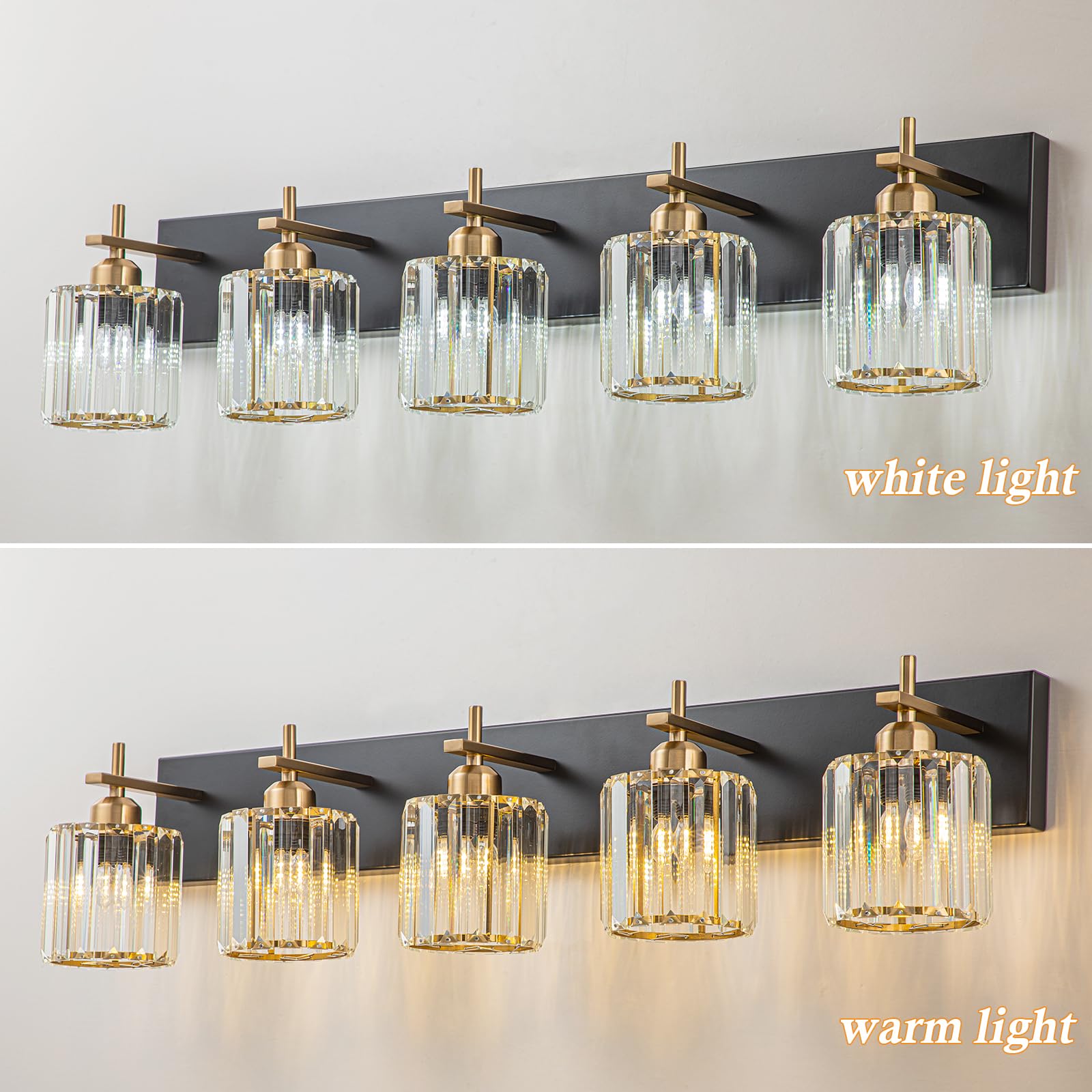 HUOKU Modern Crystal Bathroom Vanity Lights, 5-Light, Metal & Crystal, Black Gold Finish