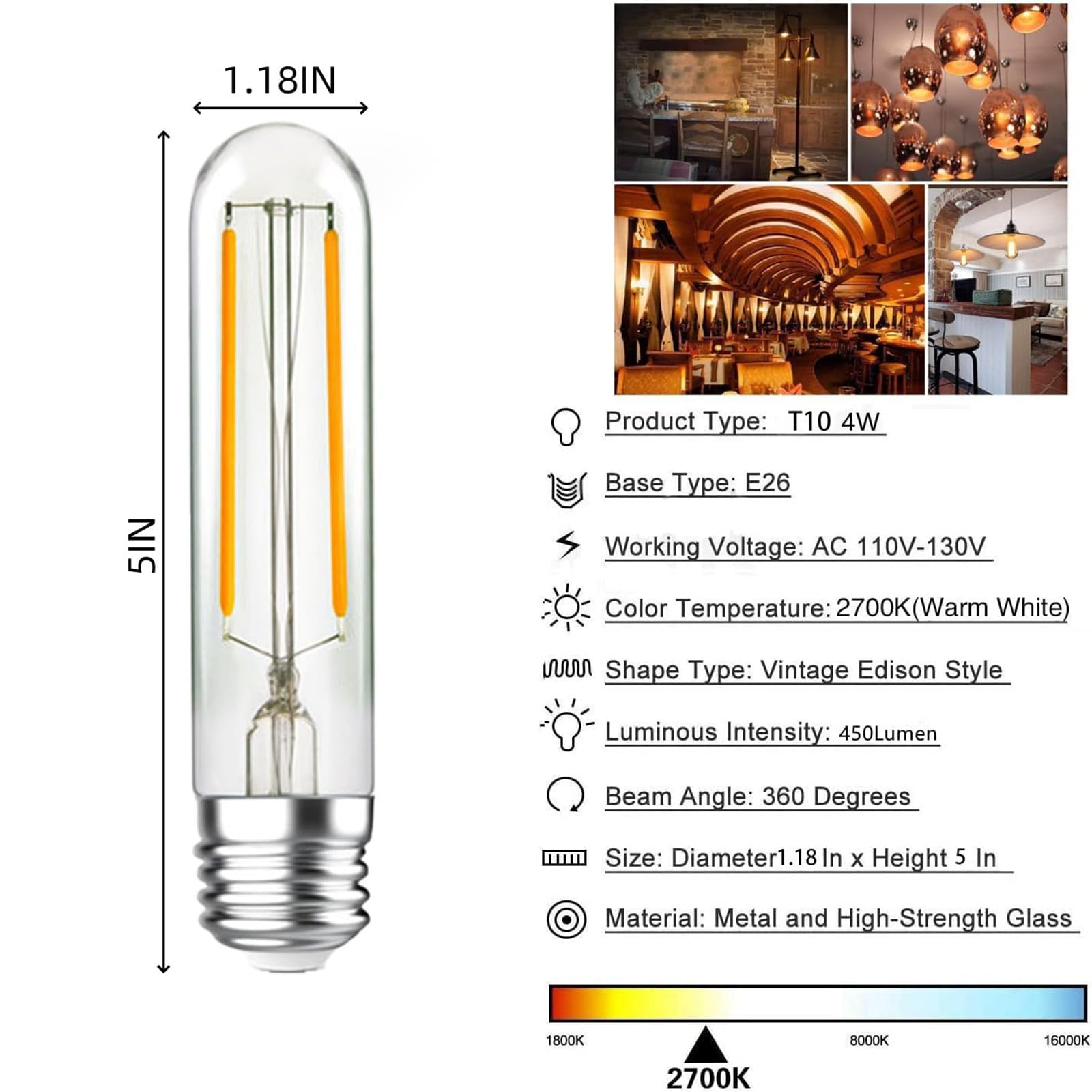 Lhyuetong Led Light Bulbs, E26 Non Dimmable Vintage Edisontubular Bulb, 4W Equals 40W Equivalent, Warm White, 2700K, 350Lm, Medi