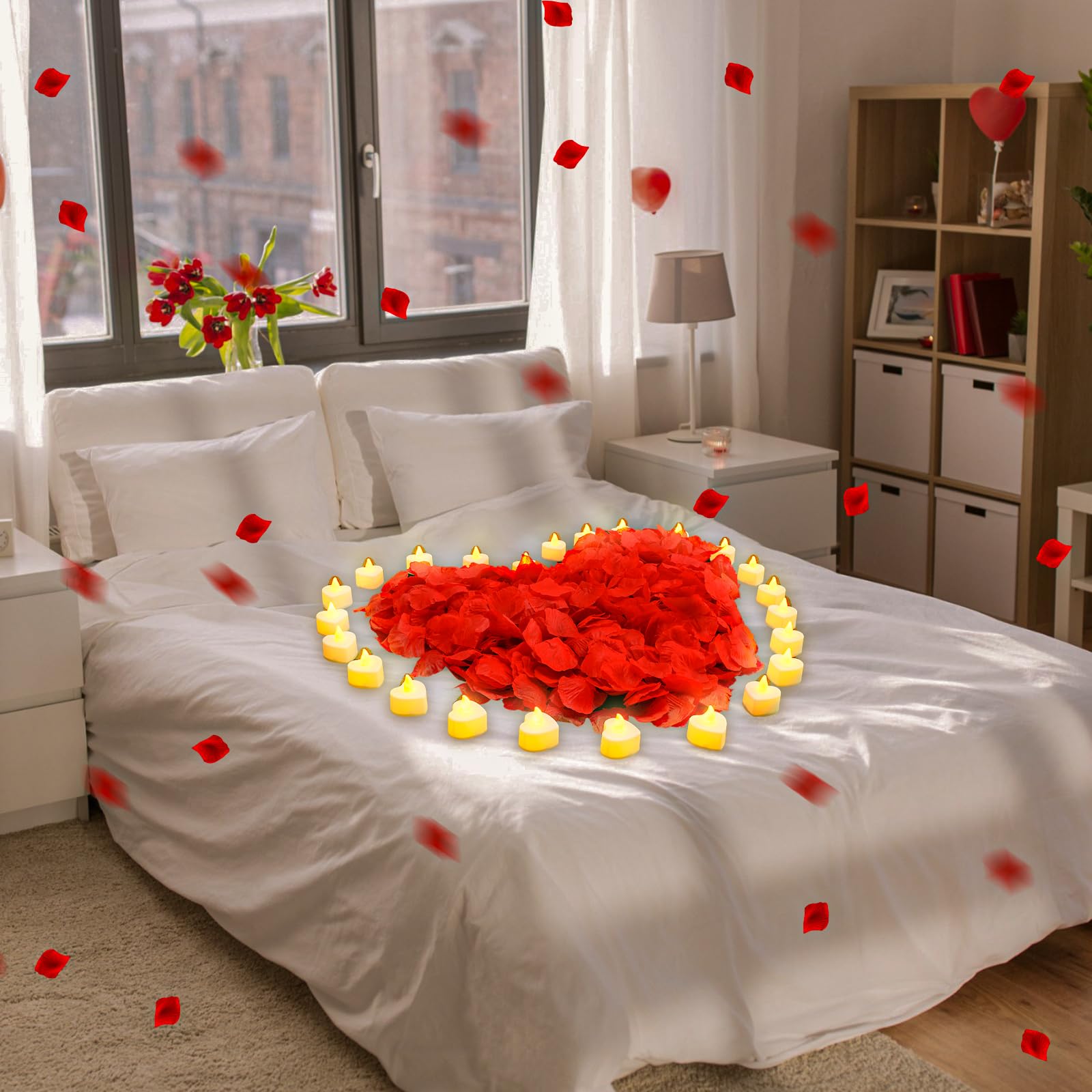 Vihose 4000 Pcs Artificial Rose Petals With 24 Pcs Led Tea Lights Candles Flameless Led Candles Fake Rose Petals For Valentine'S Night Proposal Wedding(Yellow Light, Red Petals)