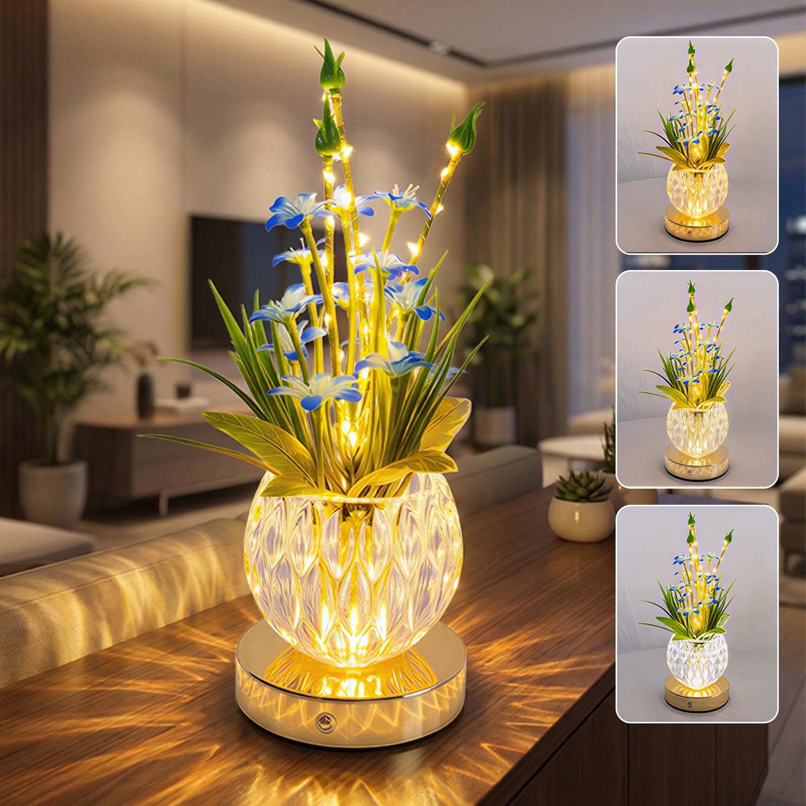 Strackvial Flower Table Lamp, Mini Lily Table Decor with 3 Colors Dimmable, Artificial Flowers Night Light, Rechargeable Glass L