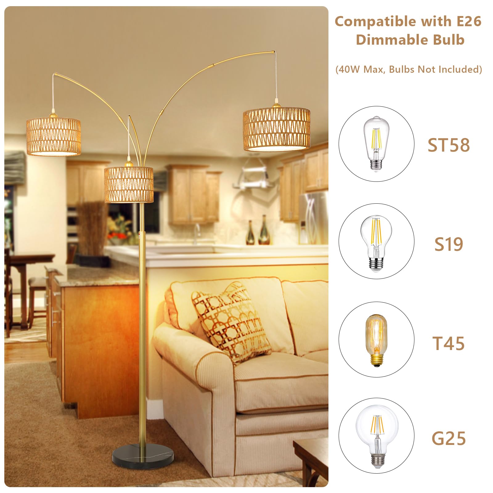 Modern Gold Floor Lamp For Bedroom, Arc Standing Lamp For Living Room, Dimmable Boho Rattan Tall Lamp, Farmhouse Floor Lamps For