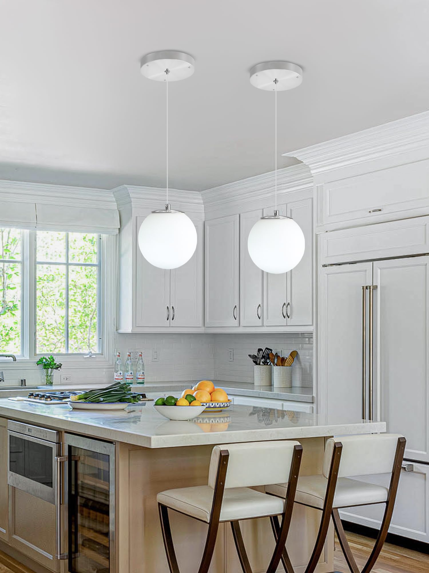 Ykolupty 1-Light Modern Pendant Light Fixtures Silver Chandelier With White Globe Glass Dimmable Ceiling Light Glass Pendant Lig