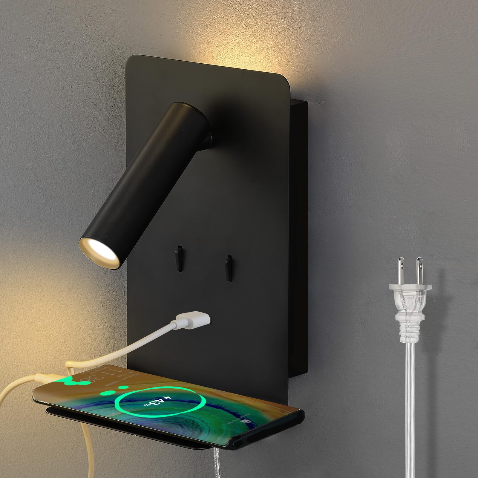 ZEROUNO Plug in Wall Sconce with Switch LED Bedside Lamp Bedroom Wall Mounted Reading Light with USB Port Wall Lighting 3000K(Bl