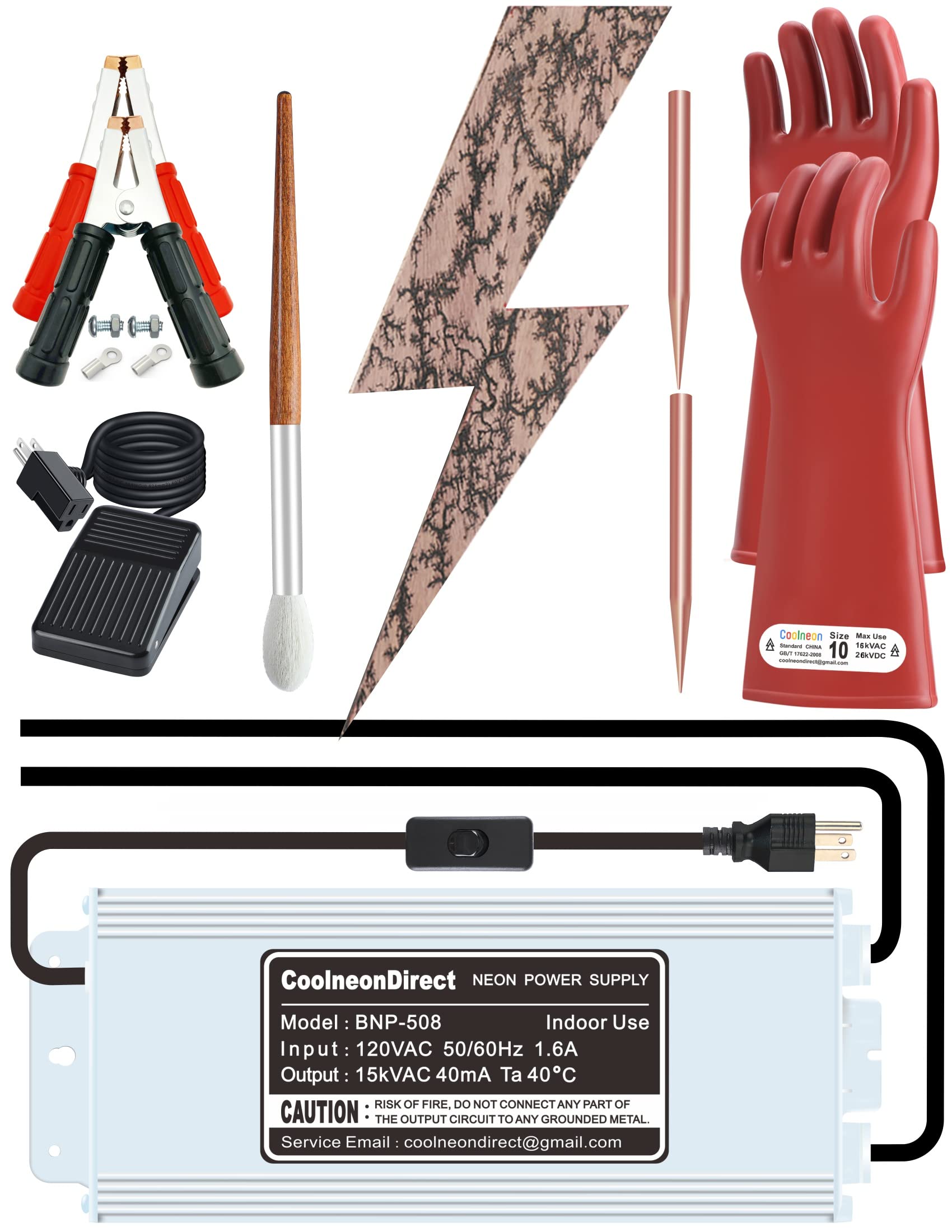 Coolneon Lichtenberg Machine Kit 15kVAC Neon Sign Transformer Rods Clamps Brush Gloves Foot Switch Fractal Wood Burning Machine