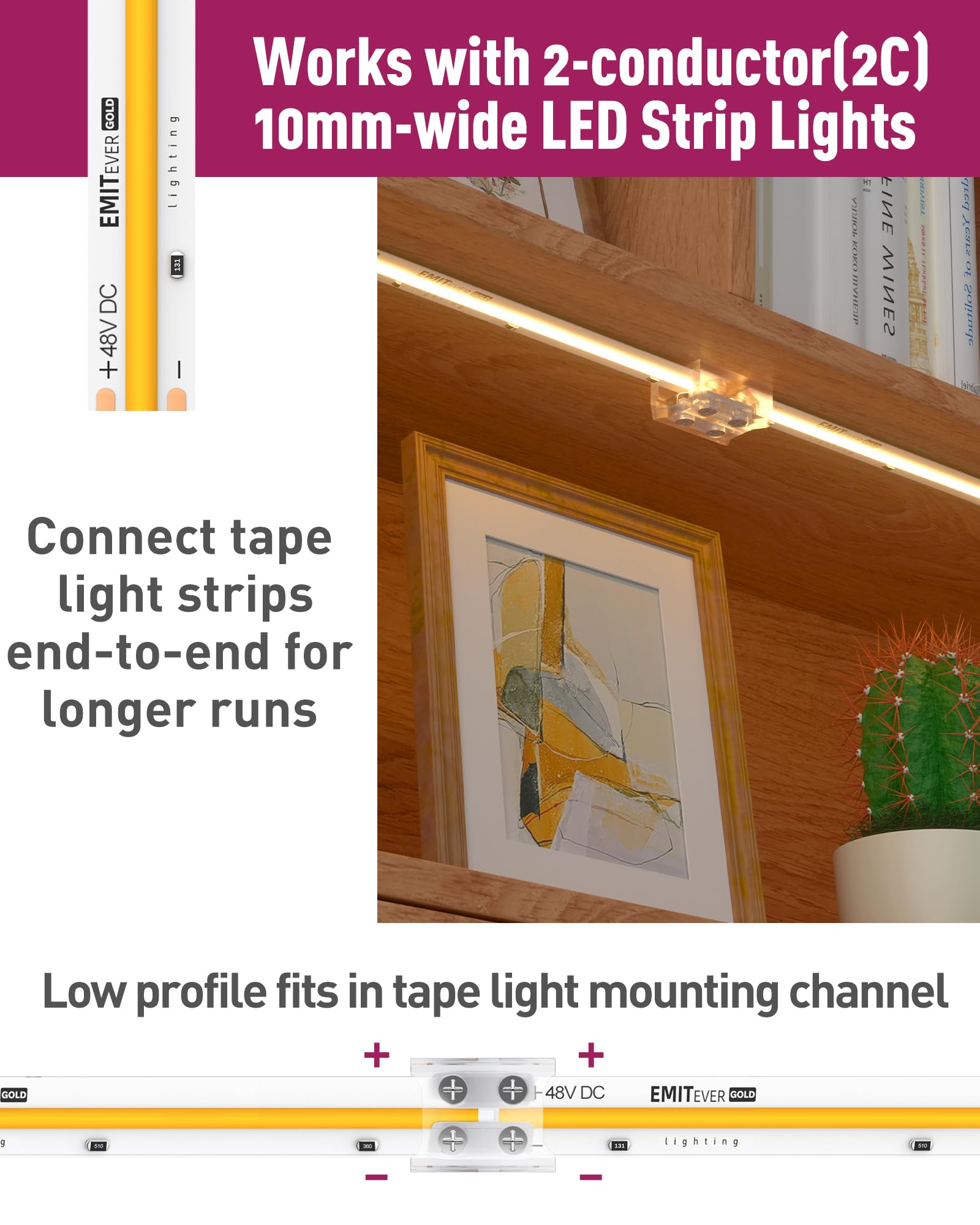 Emitever 10Mm Led Strip Connectors,12 Packs Led Tape Light Terminal Block Connector 2-Pin Solderless Tighten Screw Transparent T