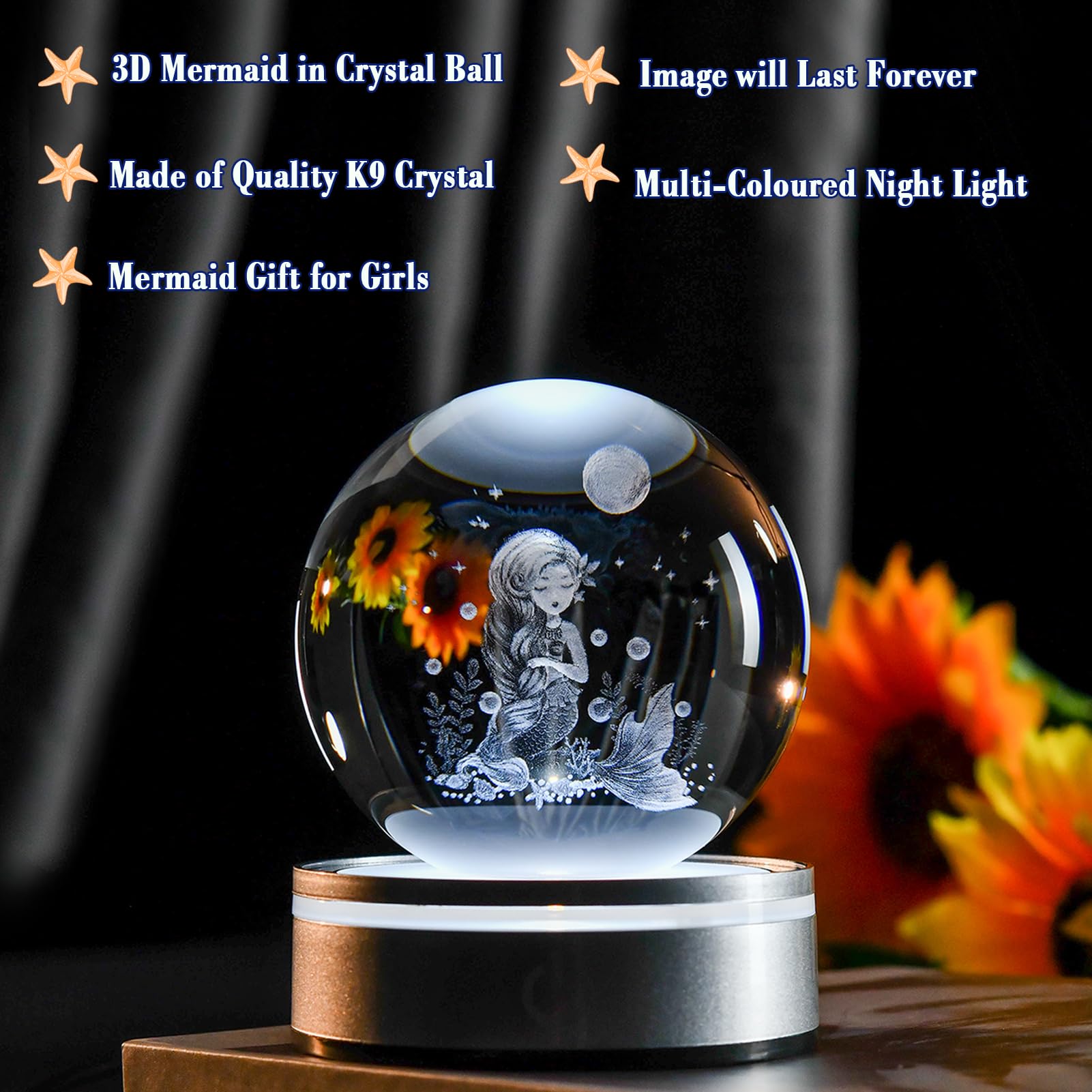 Ifolaina Mermaid Crystal Ball With Lighted Base Laser Engraved Glass Ball Mermaid Night Light Decorative Globes 3D Crystal Plant