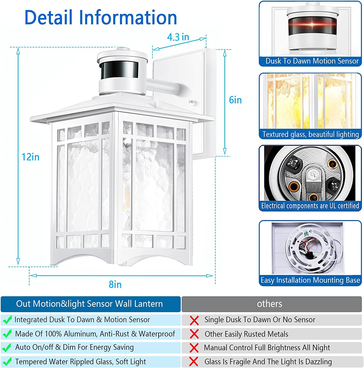 Xangqan Motion Sensor Outdoor Wall Lights White Dusk To Dawn Light Fixture For House Porch Patio