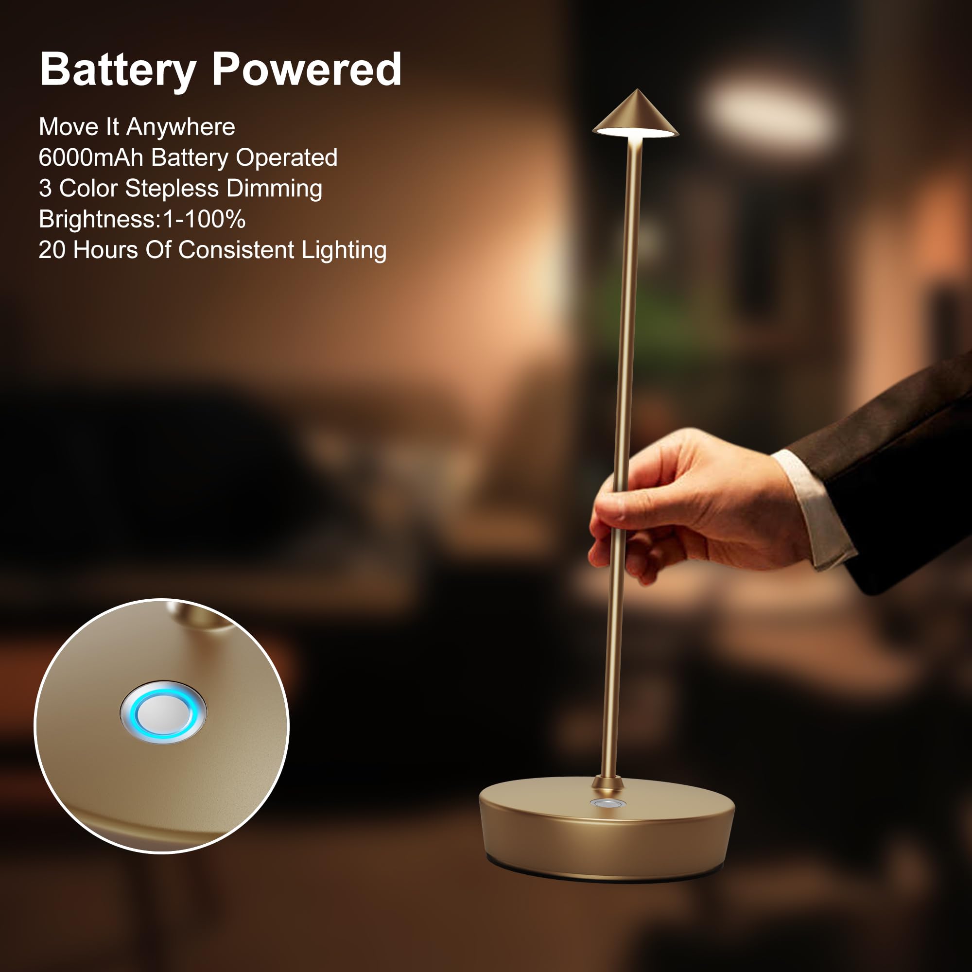 JALVDE Cordless Table Lamp, Rechargeable LED, Dimmable, Aluminum, Set of 2, Titanium, Model D-W-07