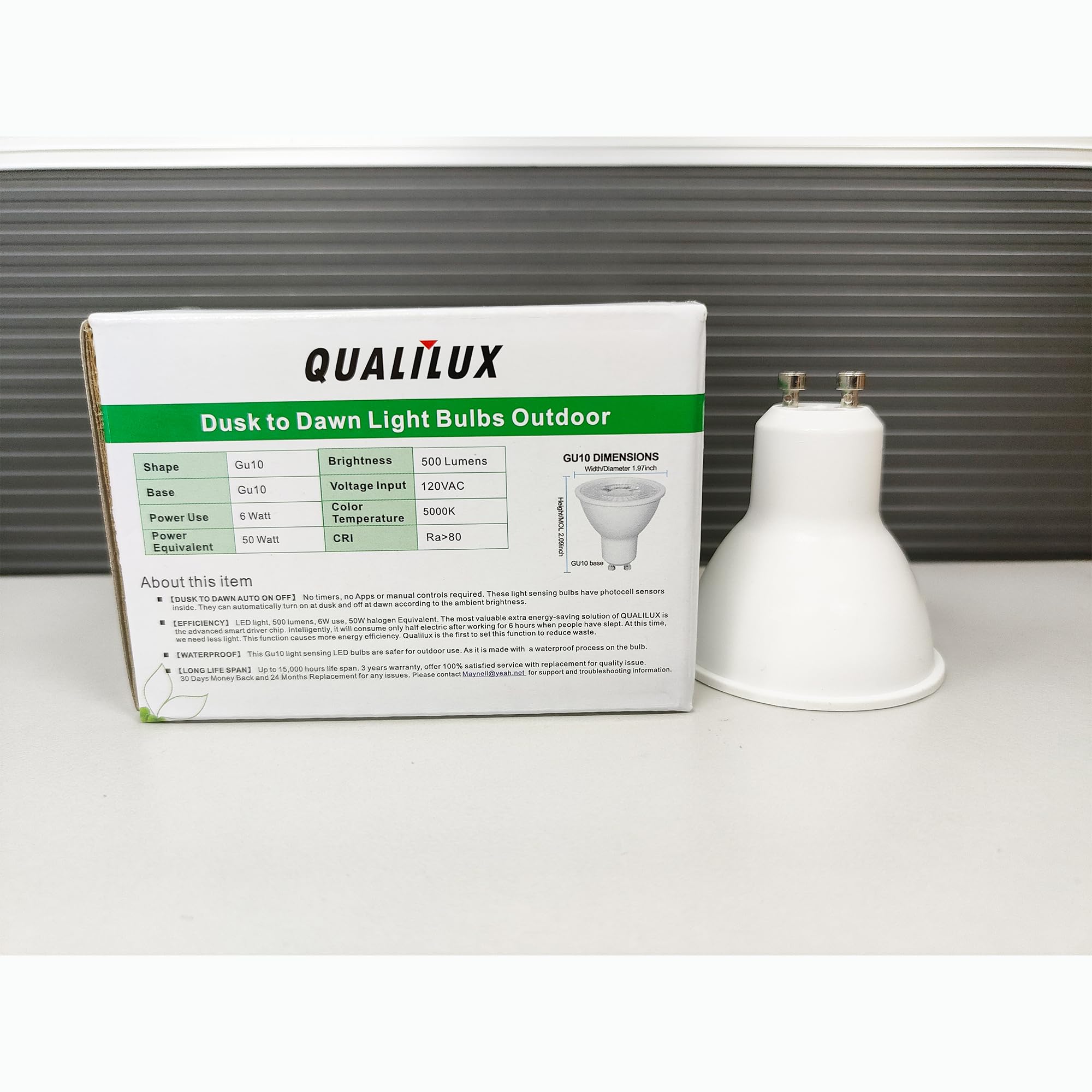 Qualilux MR16 GU10 LED Light Bulbs 6W, Daylight 5000K, Auto On/Off, Non-Dimmable, 4-Pack
