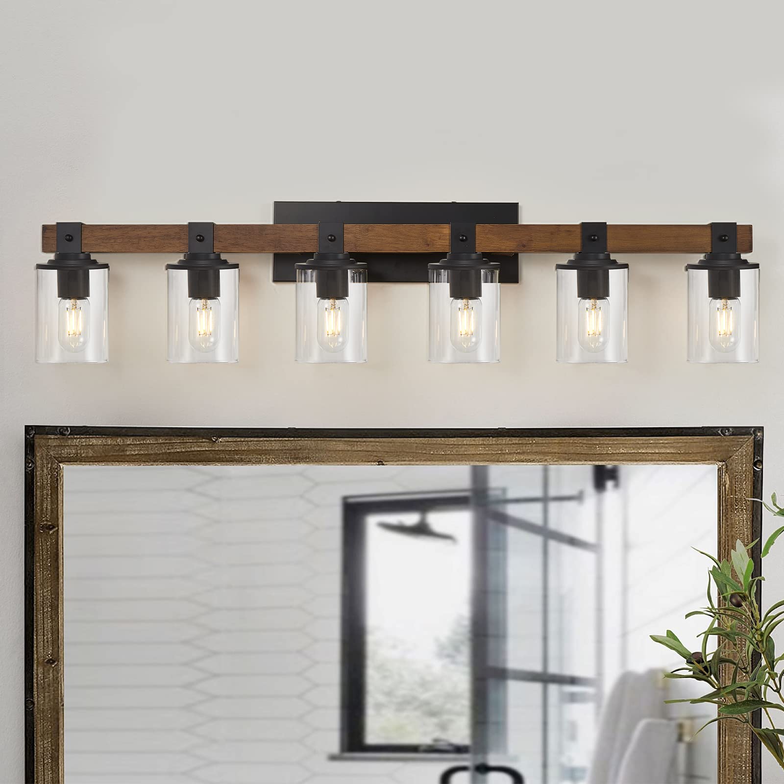 Drnanlit 6-Light Rustic Bathroom Vanity Light Fixture, Antique Wood & Clear Glass Shade
