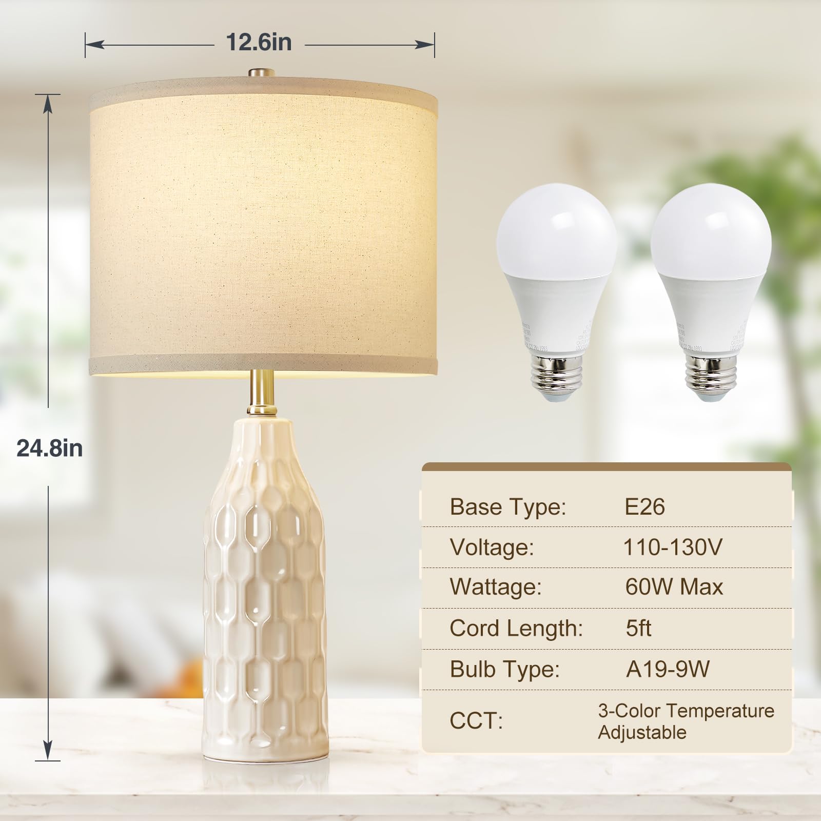 Luvkczc Ceramic Table Lamps Set of 2 - 24.8in Height, 3 Color Temperatures, Bulbs Included, Cream