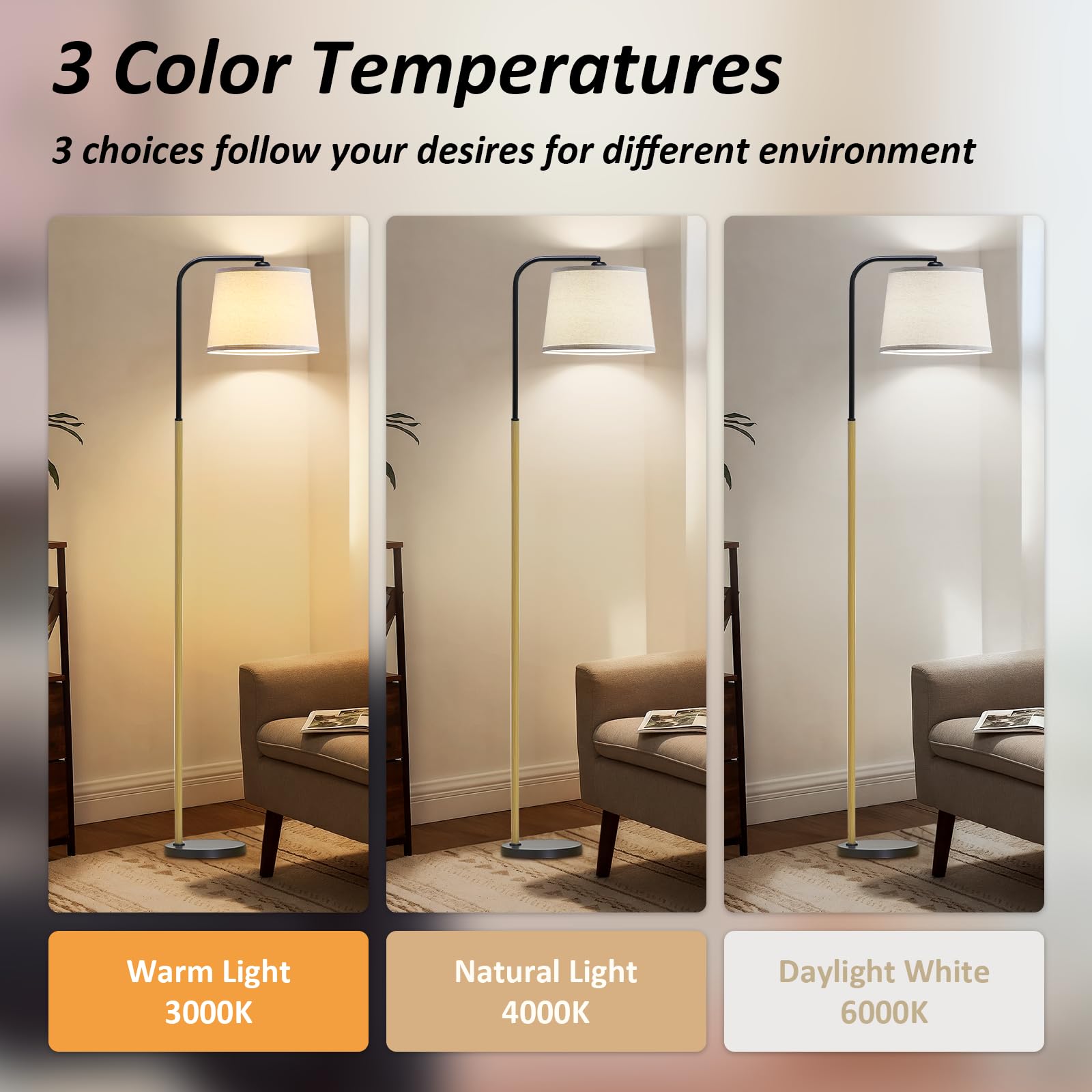 AKASUKI Floor Lamp with 3 Color Temperatures, 9W LED Bulb, Wooden Base, Cream Shade, Model LT-1125