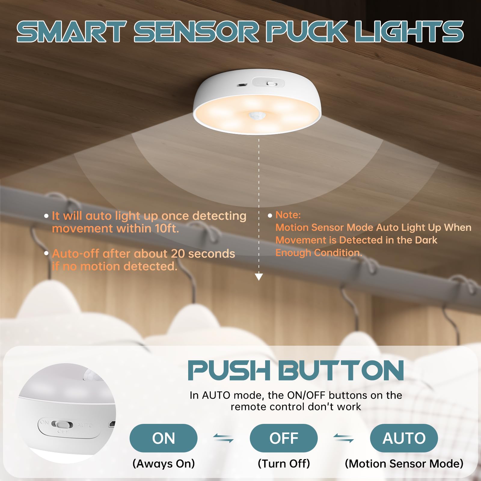Wireless Motion Sensor Puck Lights With Charging Station, 3 Colors Usb Rechargeable Led Closet Lights With Remote, Dimmable Unde