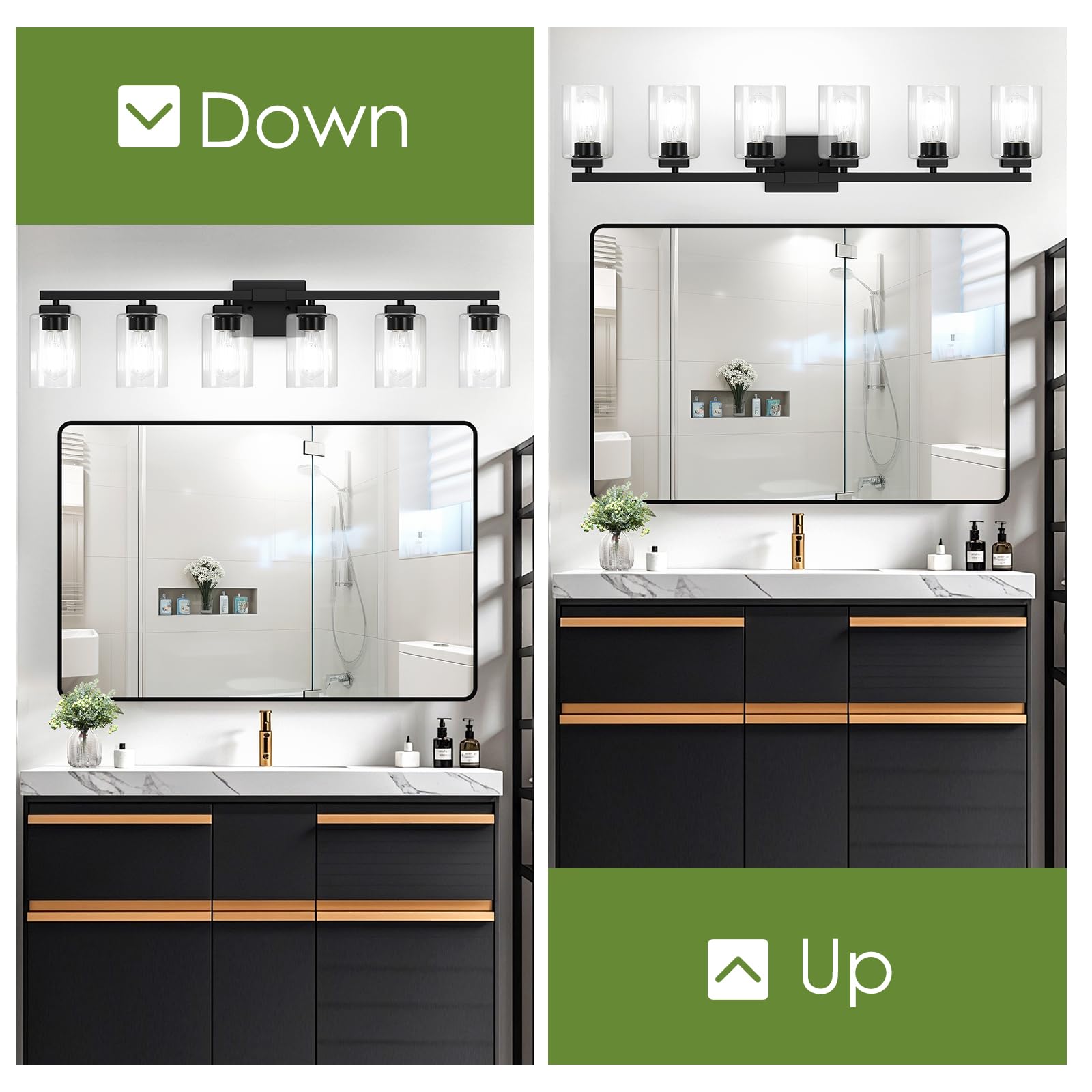 Beslowe 6-Light Bathroom Light Fixtures, Modern Black Vanity Light, Bathroom Lighting Fixtures Over Mirror, Matte Black Bathroom