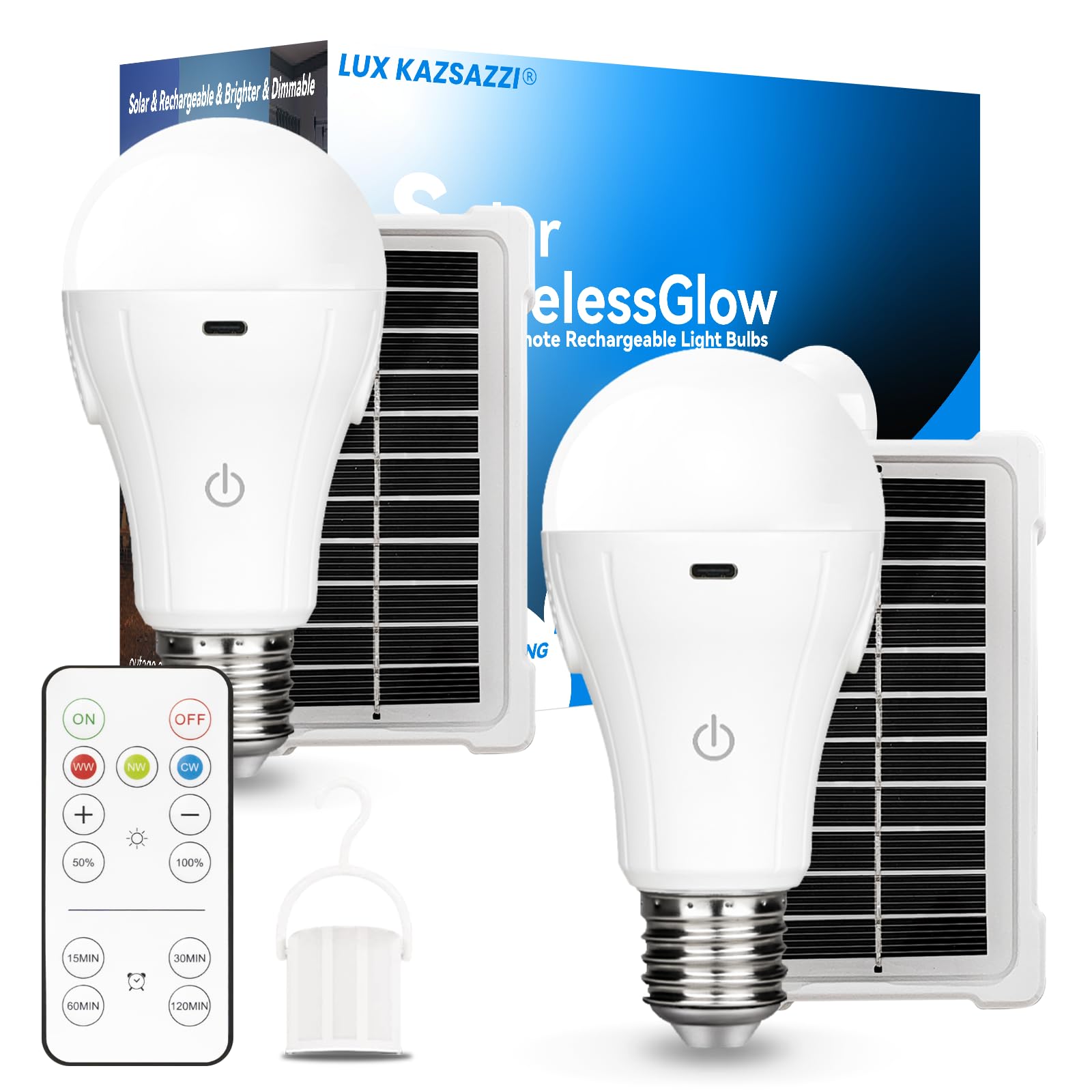 Solar & Usb Rechargeable Light Bulbs With Remote + Touch Control, 3 Colors & Dimmable, Large Solar Panel 1800Mah Battery Powered