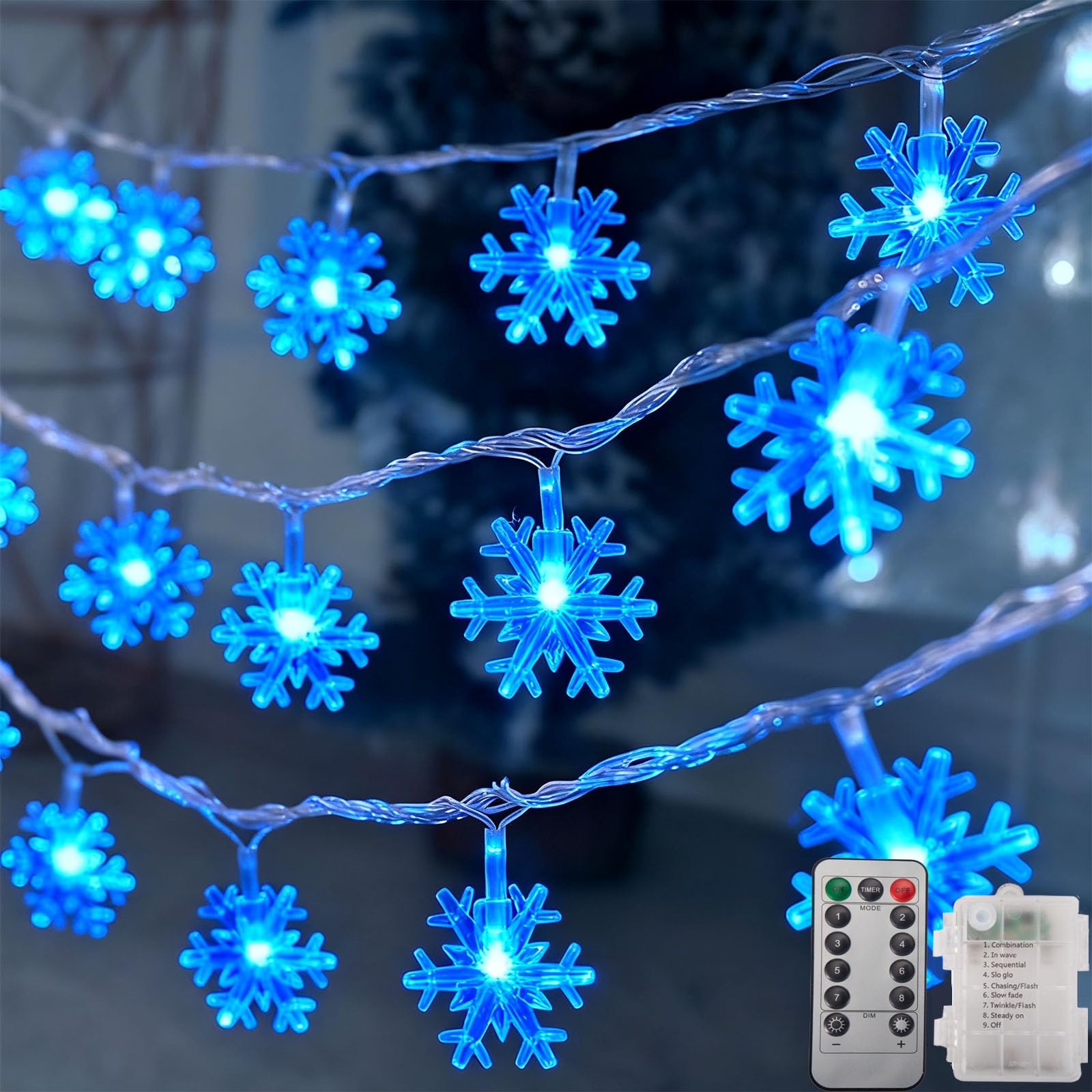 colcutee Christmas Snowflake Lights, 20ft 40LED 8 Modes & Timer Battery Operated Fairy Lights for Indoor/Outdoor Holiday Party D