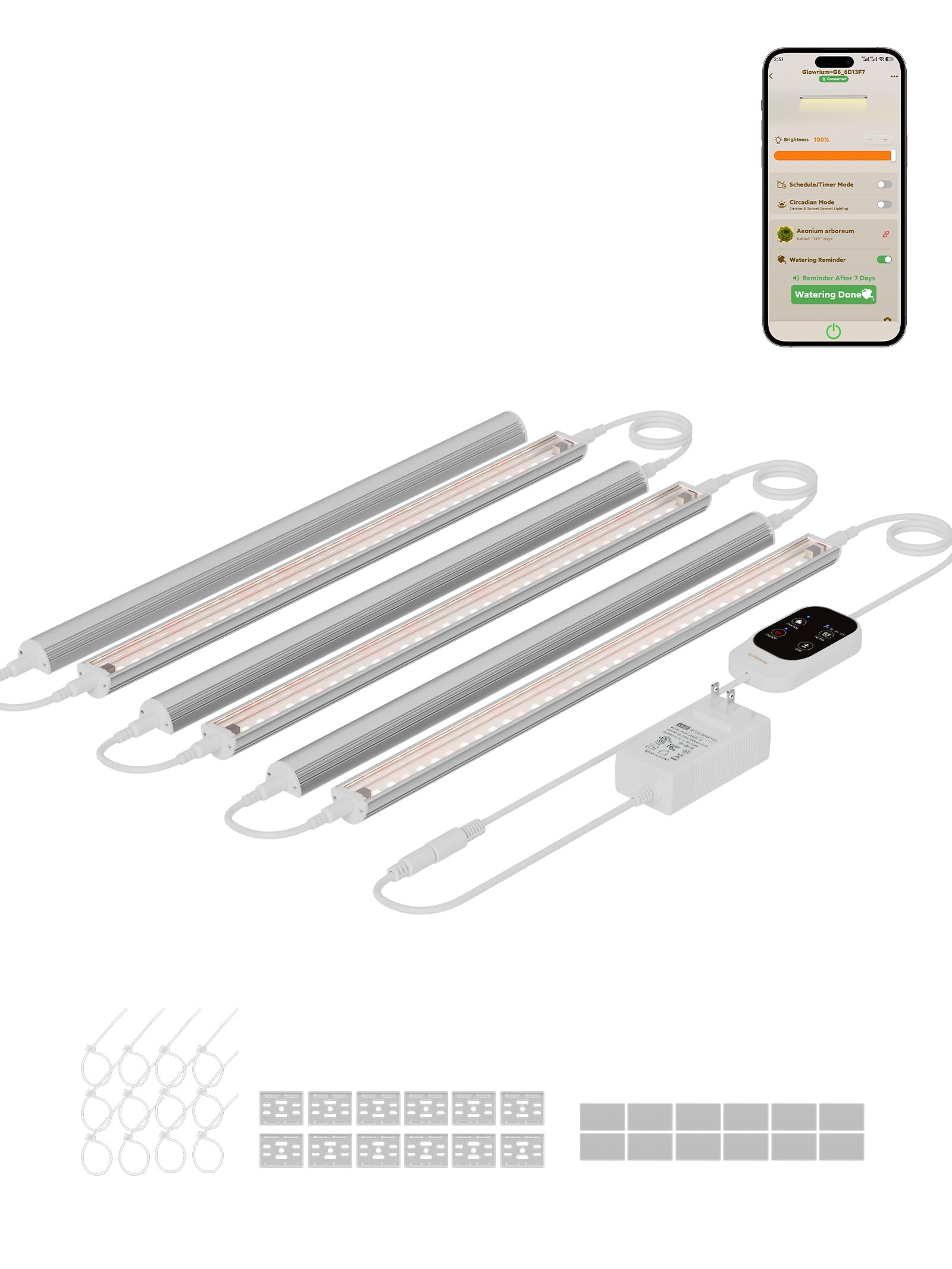 GLOWRIUM Smart Grow Lights for Indoor Plants with APP  Full Spectrum Grow Lights for Seed Starting  G6 Plant Light Band with auto Timer  3 Angle dimming Levels for Plant Shelf  6-Pack (Silver  48W)