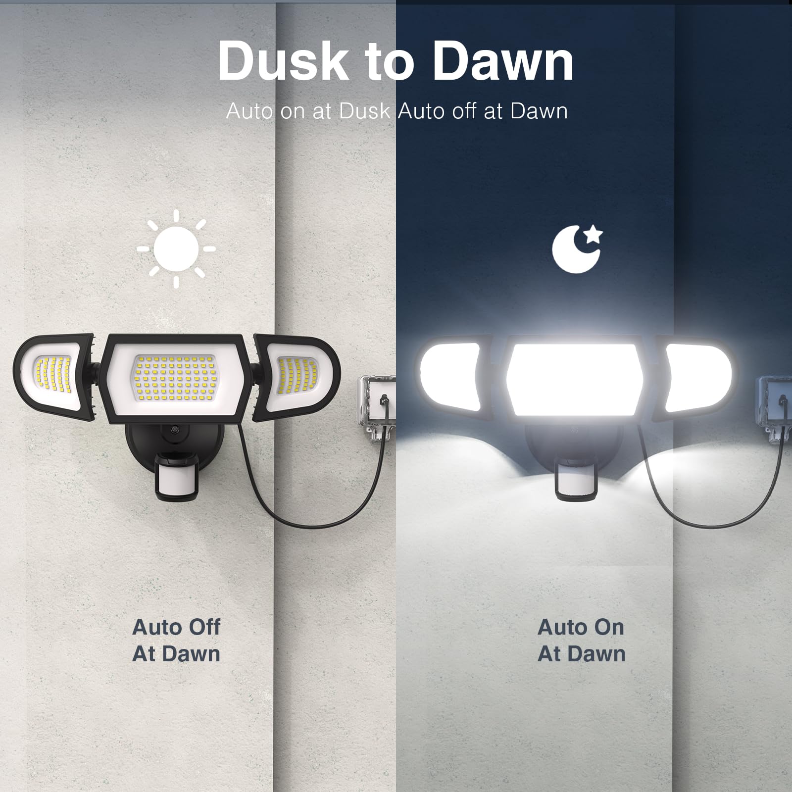 Olafus 100W 9000Lm Led Security Lights Motion Sensor Light Outdoor With Plug, Dusk To Dawn Outdoor Light, 6500K, Ip65 Waterproof