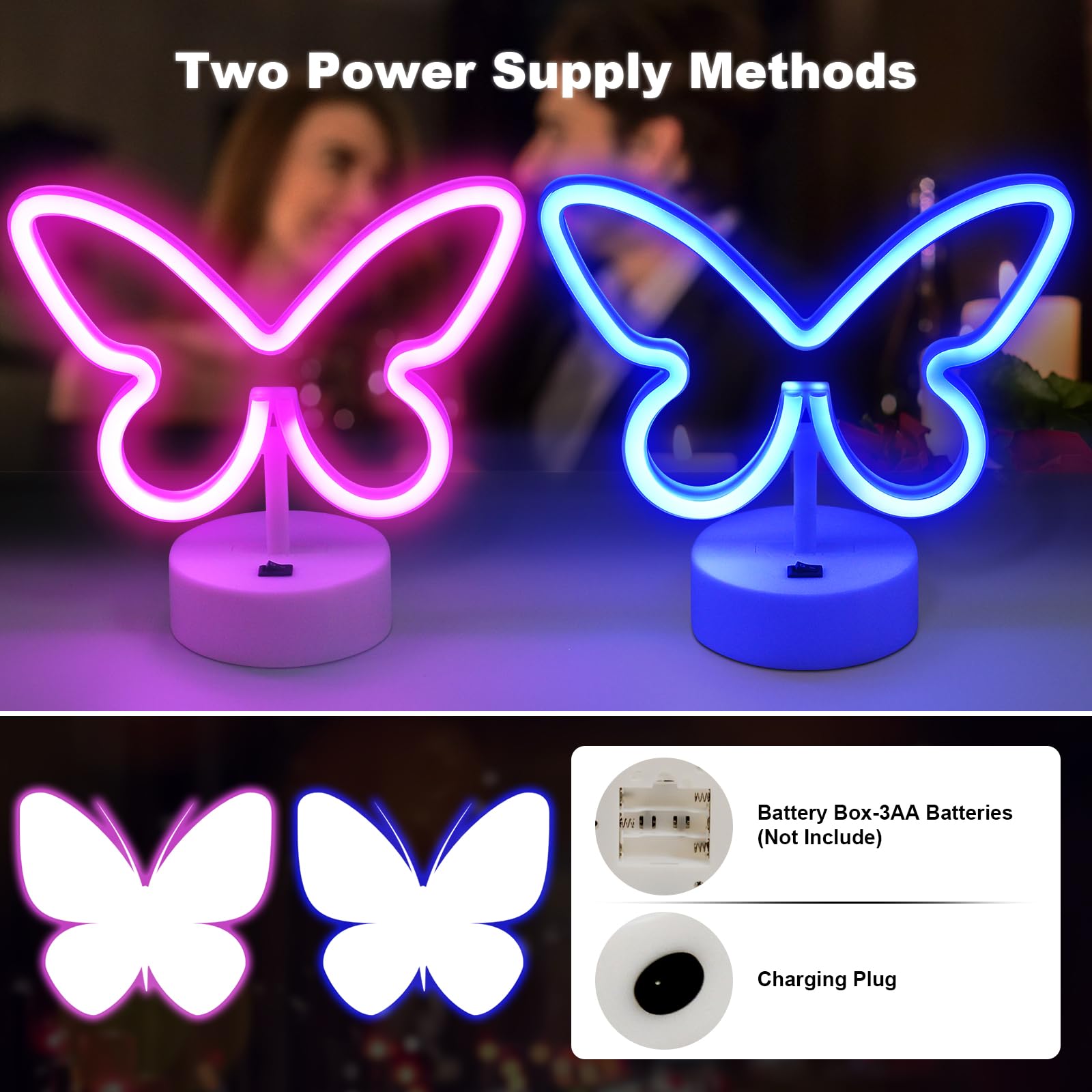 BRIGHTDECK LED Butterfly Neon Sign, Pink & Blue, Battery/USB Powered, Home Decor for Valentines Day, Wedding, Party, Model 001