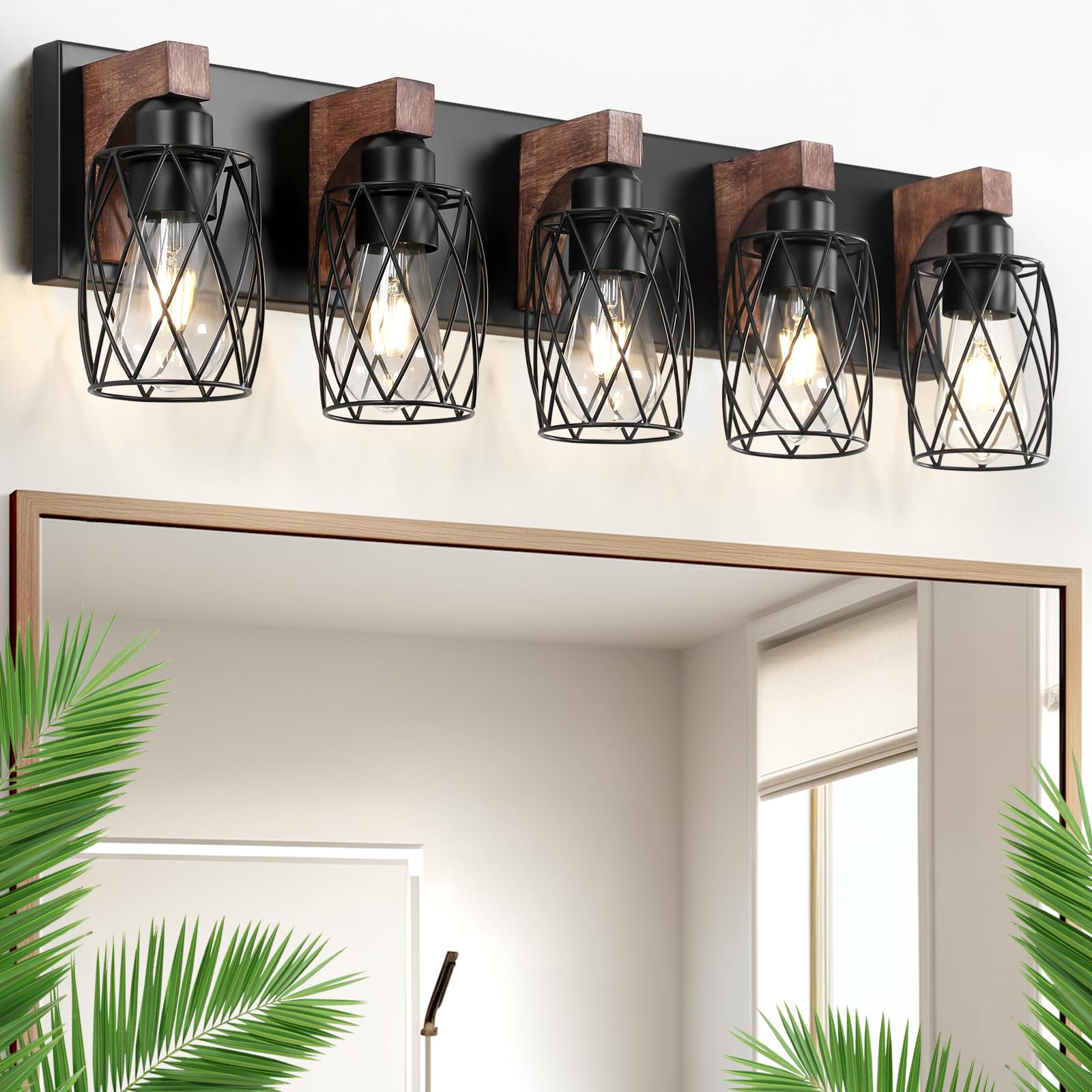 Dikaida 5-Light Vanity Light For Bathroom, Farmhouse Bathroom Vanity Light Over Mirror, Wood Wall Sconces Vanity Lighting With C