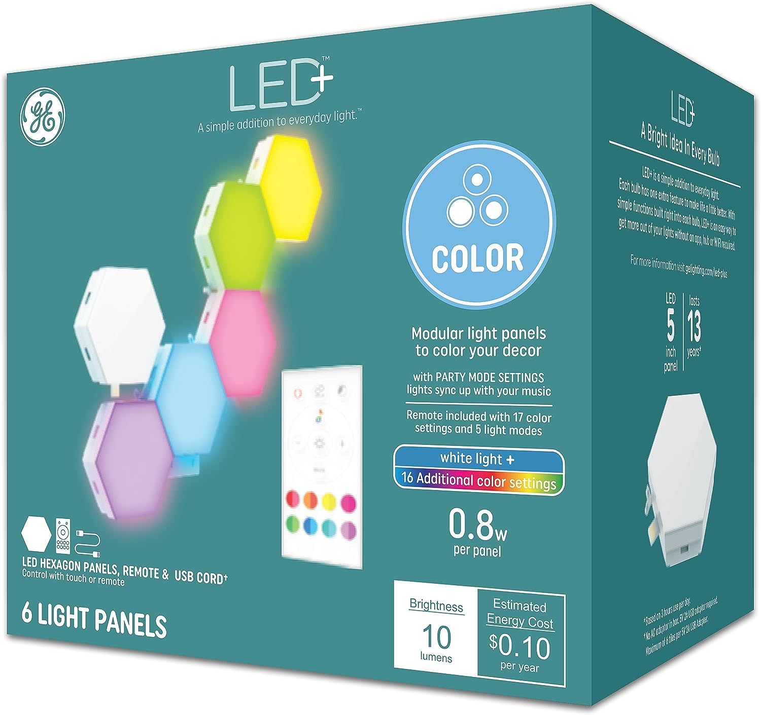 GE LED+ Color Changing LED Hexagon Tile Panels with Remote, College Dorm Light, Dorm Room Essentials, Bedroom Light, No App or W