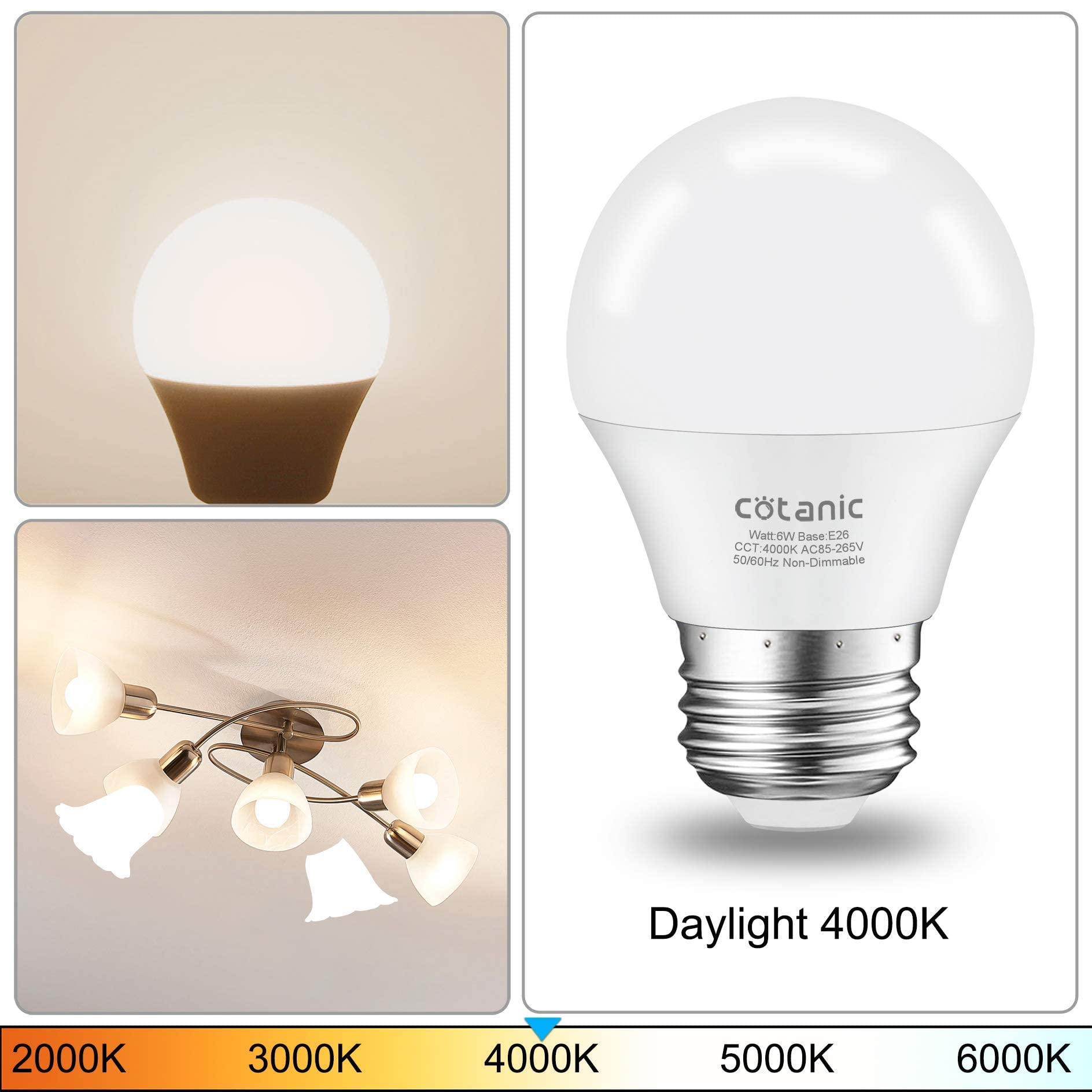 Cotanic 8 Pack A15 Led Ceiling Fan Light Bulbs 4000K Natural Daylight, 6W Small Light Bulb For Chandelier 60W Equivalent, E26 St