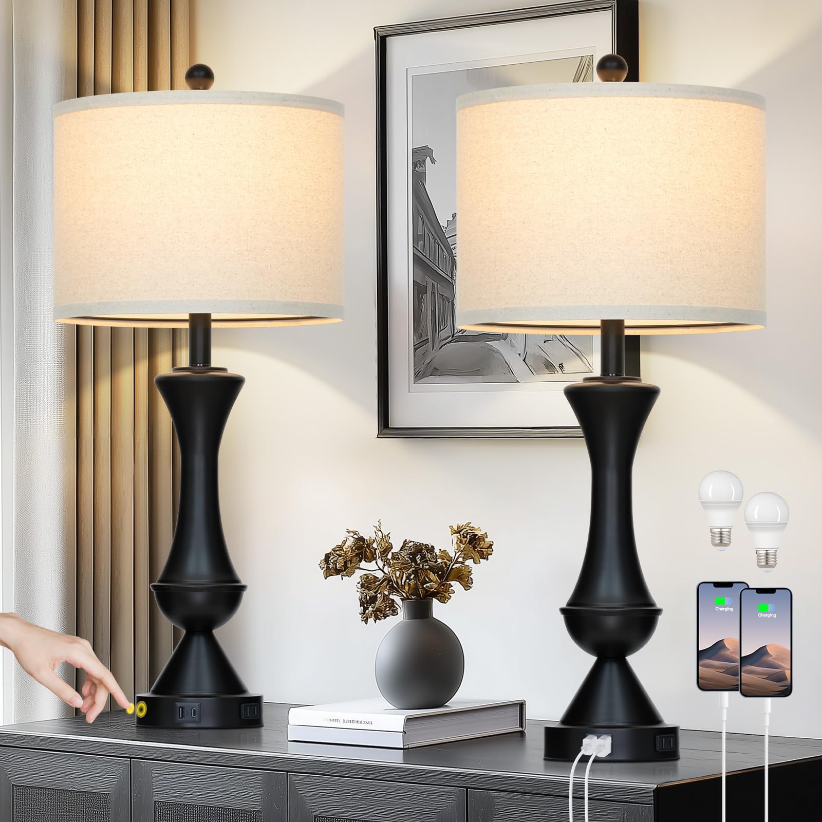 luxeflow 29 Black Tall Table Lamps for Living Room, Touch Control Bedroom Lamp with USB A+C Ports, 3-Way Dimmable Bedside Table 